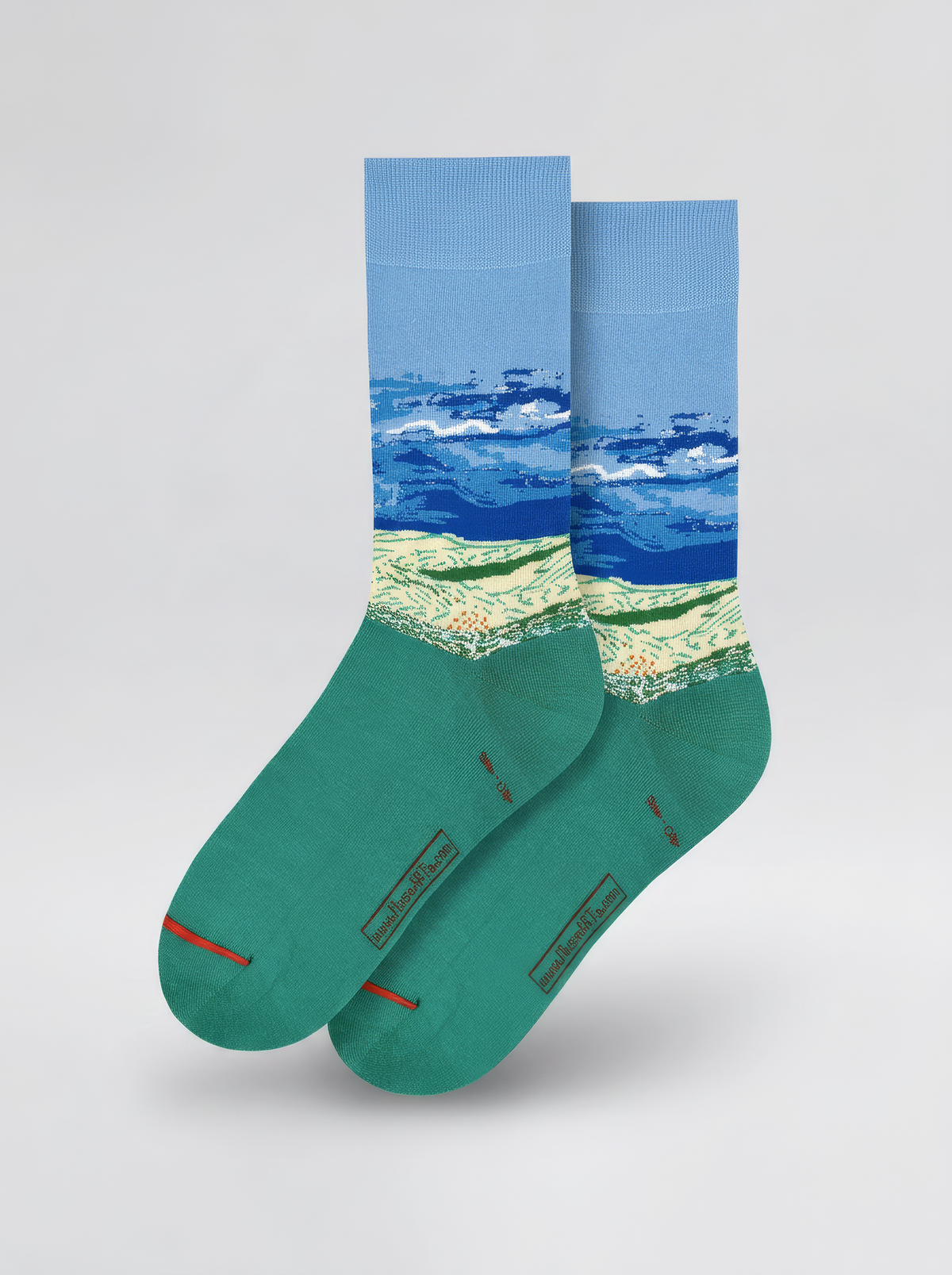 Pair of Wheat Field under Thunderstorm Sky art socks by Vincent van Gogh shown on a white background