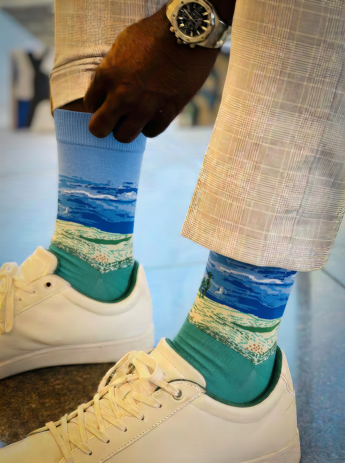 Wheat Field under Thunderstorm Sky art socks worn with white shoes and light trousers