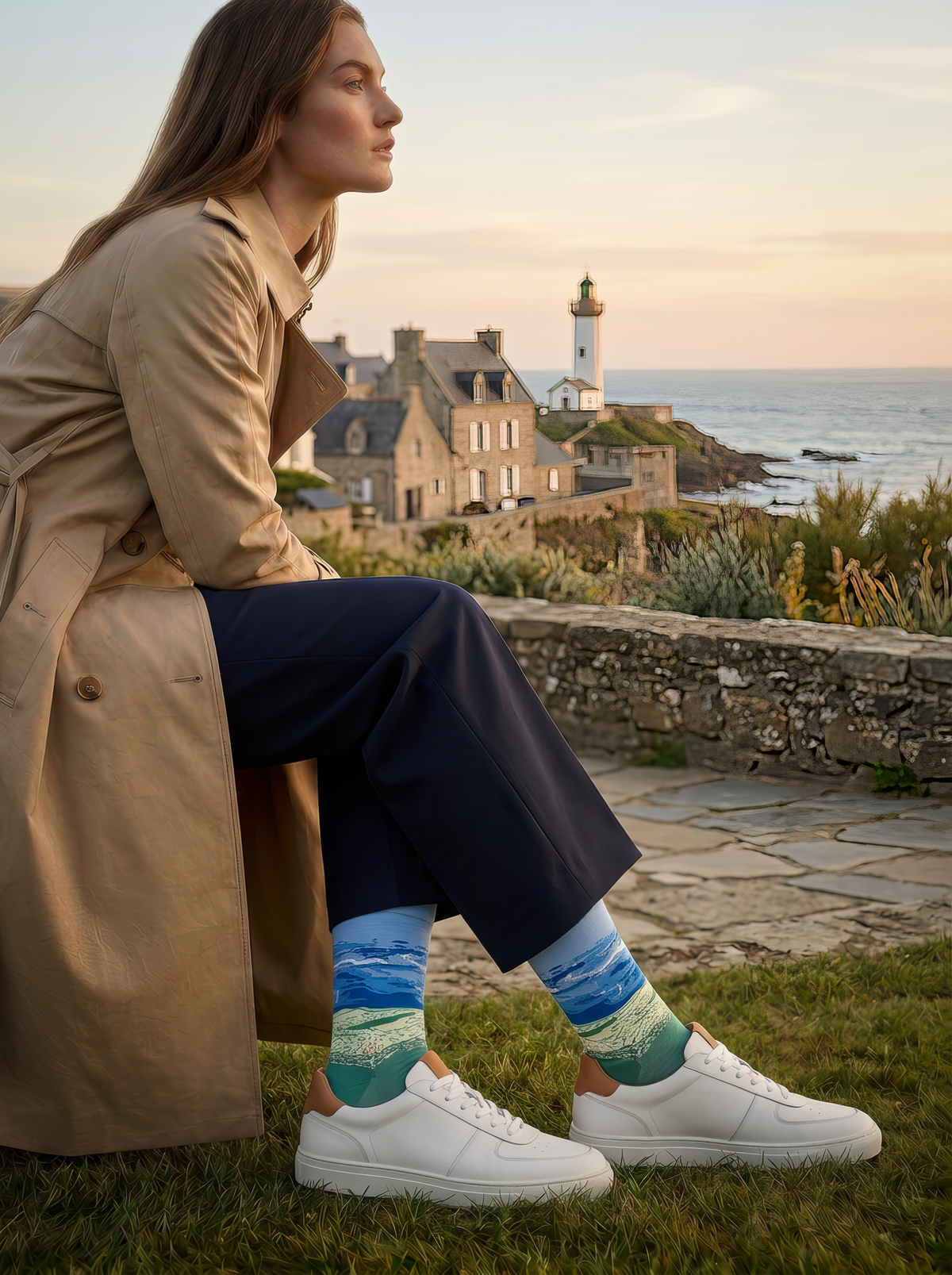 Wheat Field under Thunderstorm Sky art socks worn with white sneakers beside a coastal landscape