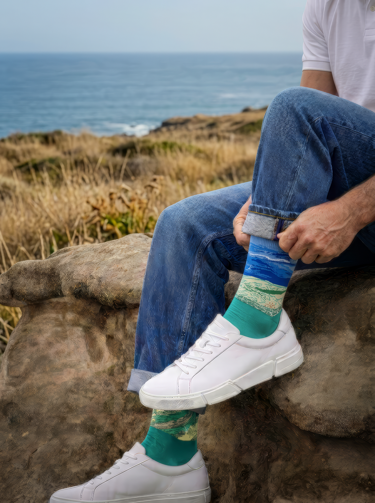 Wheat Field under Thunderstorm Sky art socks worn with white sneakers beside the sea