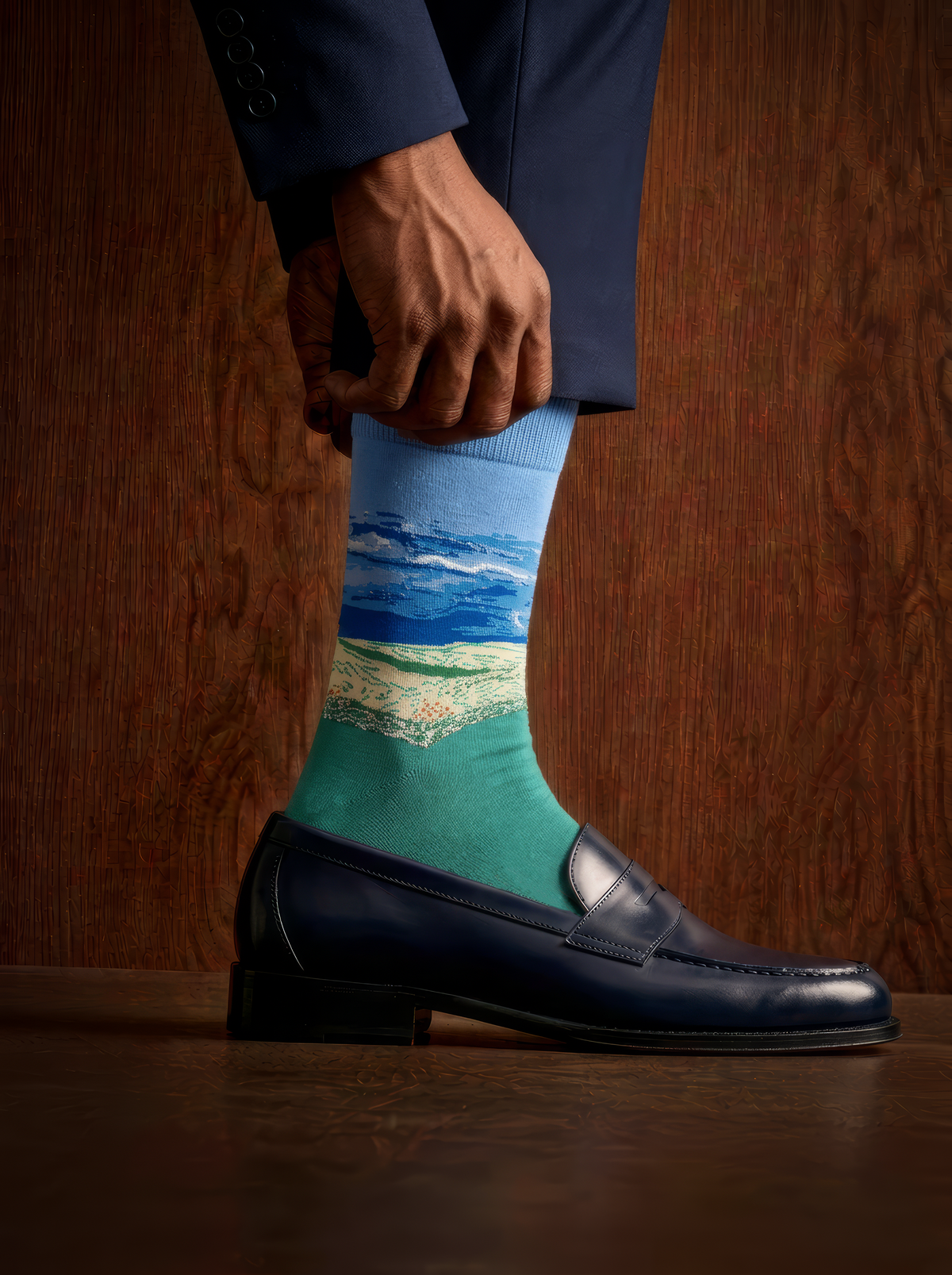 Wheat Field under Thunderstorm Sky unisex art socks by Vincent van Gogh worn with a black leather penny loafer and navy trousers