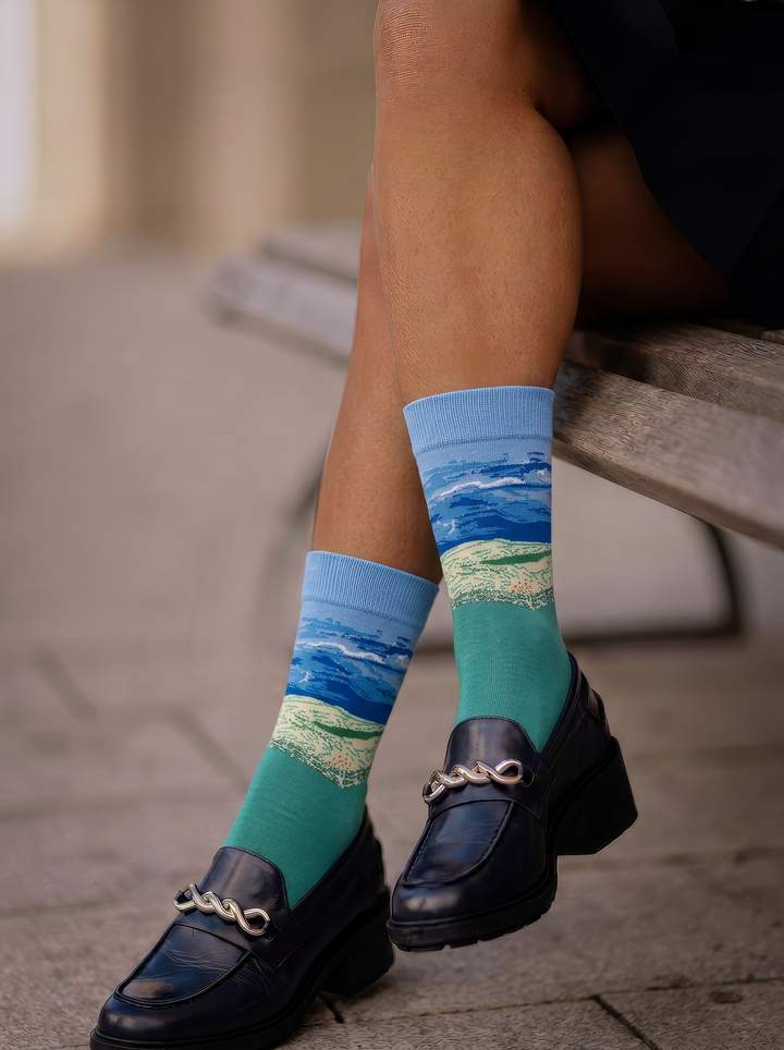 Wheat Field under Thunderstorm Sky unisex art socks by Vincent van Gogh worn with black platform loafers with silver chain detail⠋

