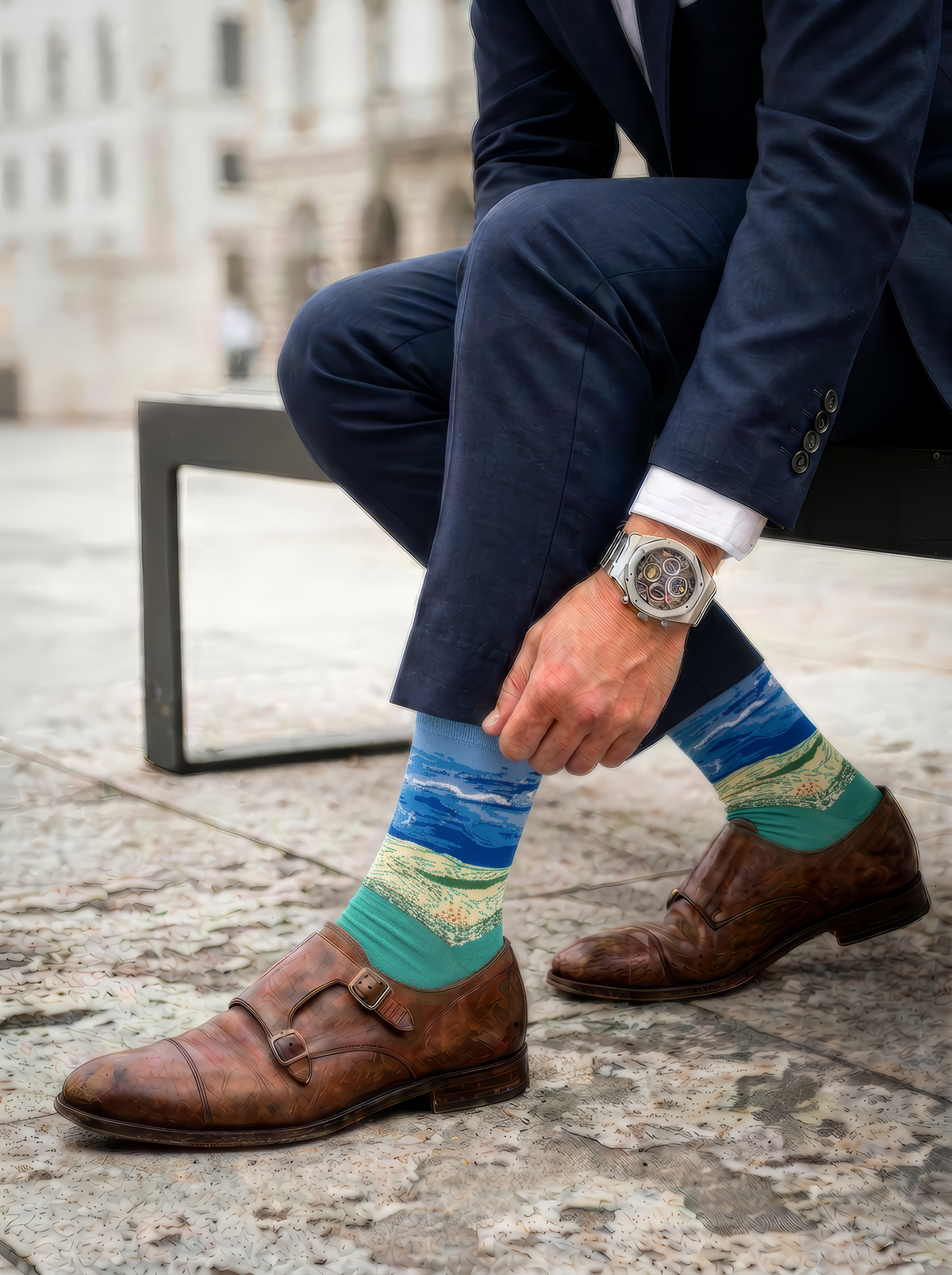 Wheat Field under Thunderstorm Sky unisex art socks by Vincent van Gogh worn with brown leather double monk strap shoes and a navy suit