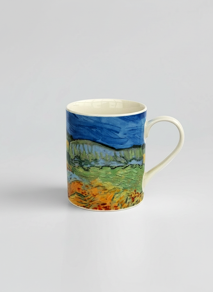 Van Gogh Wheat Field with Poppies porcelain mug front view – landscape art design, ArtyGifts