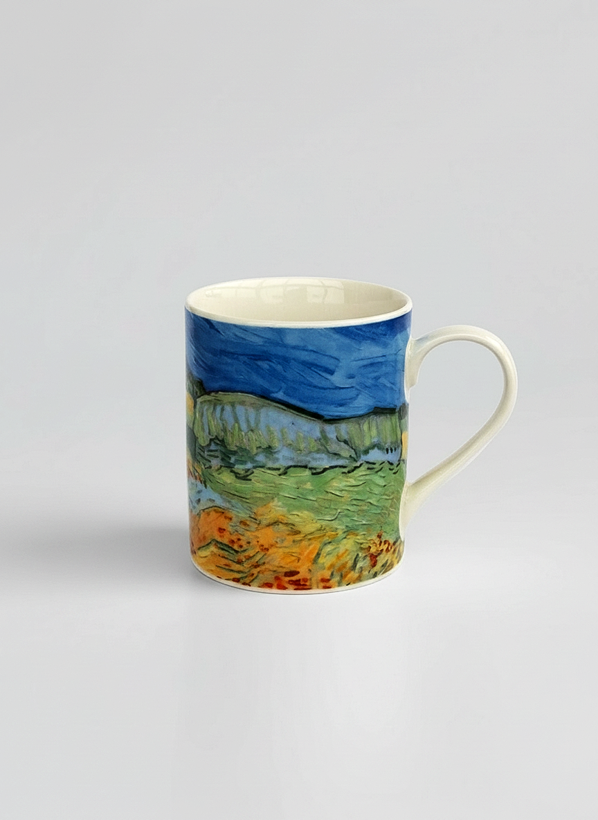 Van Gogh Wheat Field with Poppies porcelain mug front view – landscape art design, ArtyGifts