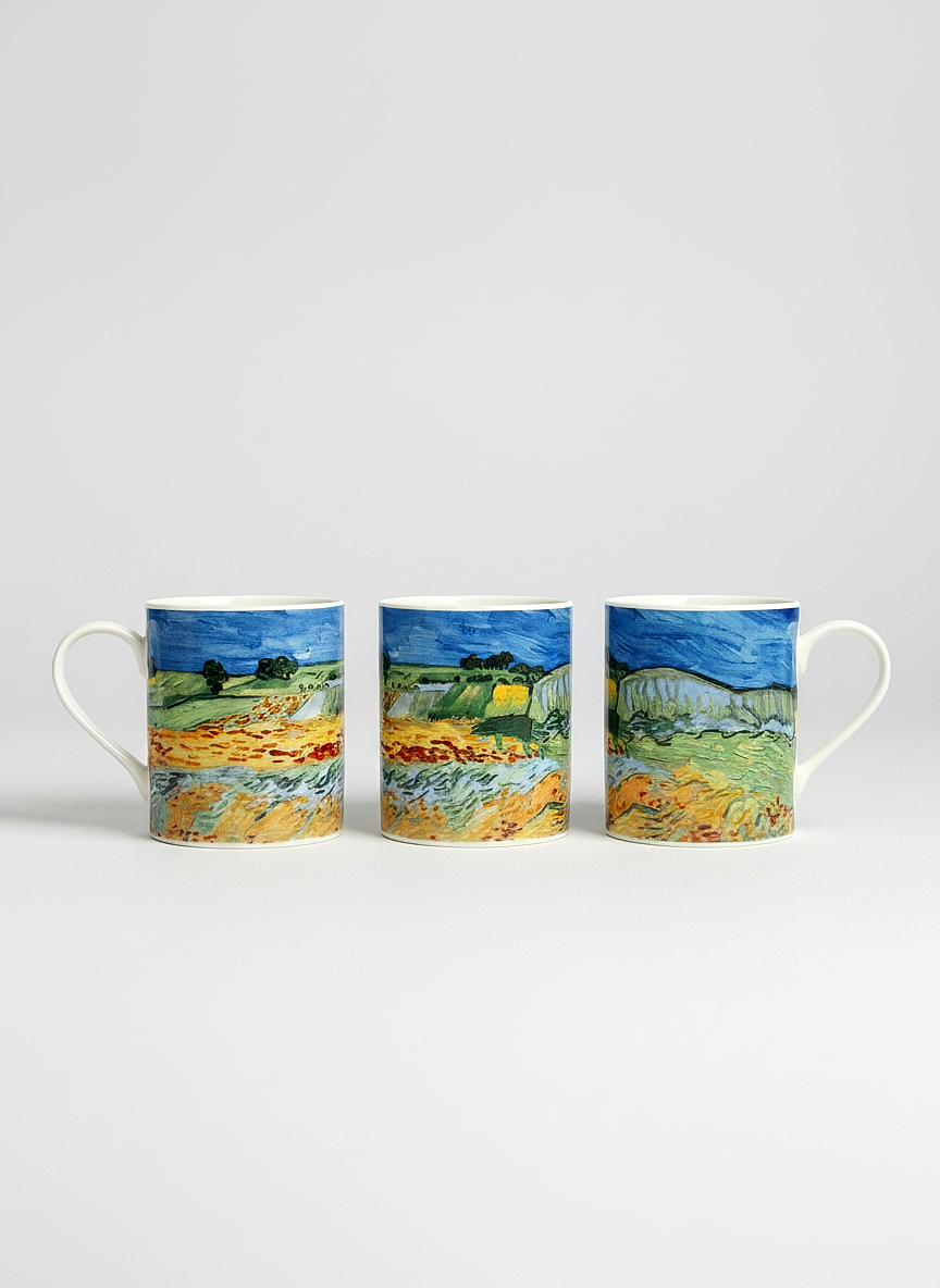 Van Gogh Wheat Field with Poppies porcelain mug set side view – art gift, ArtyGifts