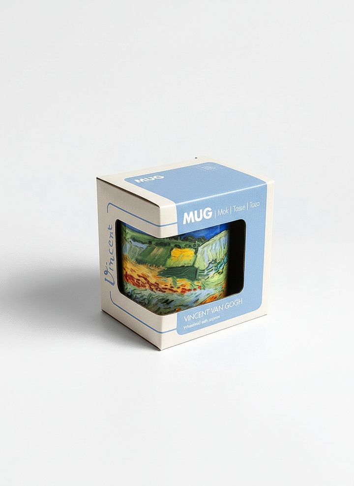 Van Gogh Wheat Field with Poppies mug gift box – eco-friendly packaging, ArtyGifts museum shop