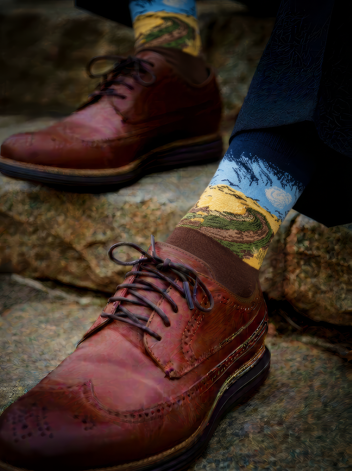 Wheatfield with Crows art socks by Vincent van Gogh worn with brown leather brogue shoes on stone steps⠋

