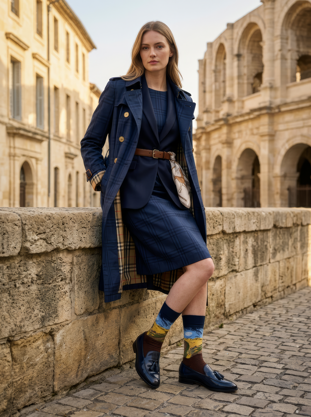 Woman wearing Wheatfield with Crows art socks by Vincent van Gogh with dark leather loafers near historic Roman ruins⠋

