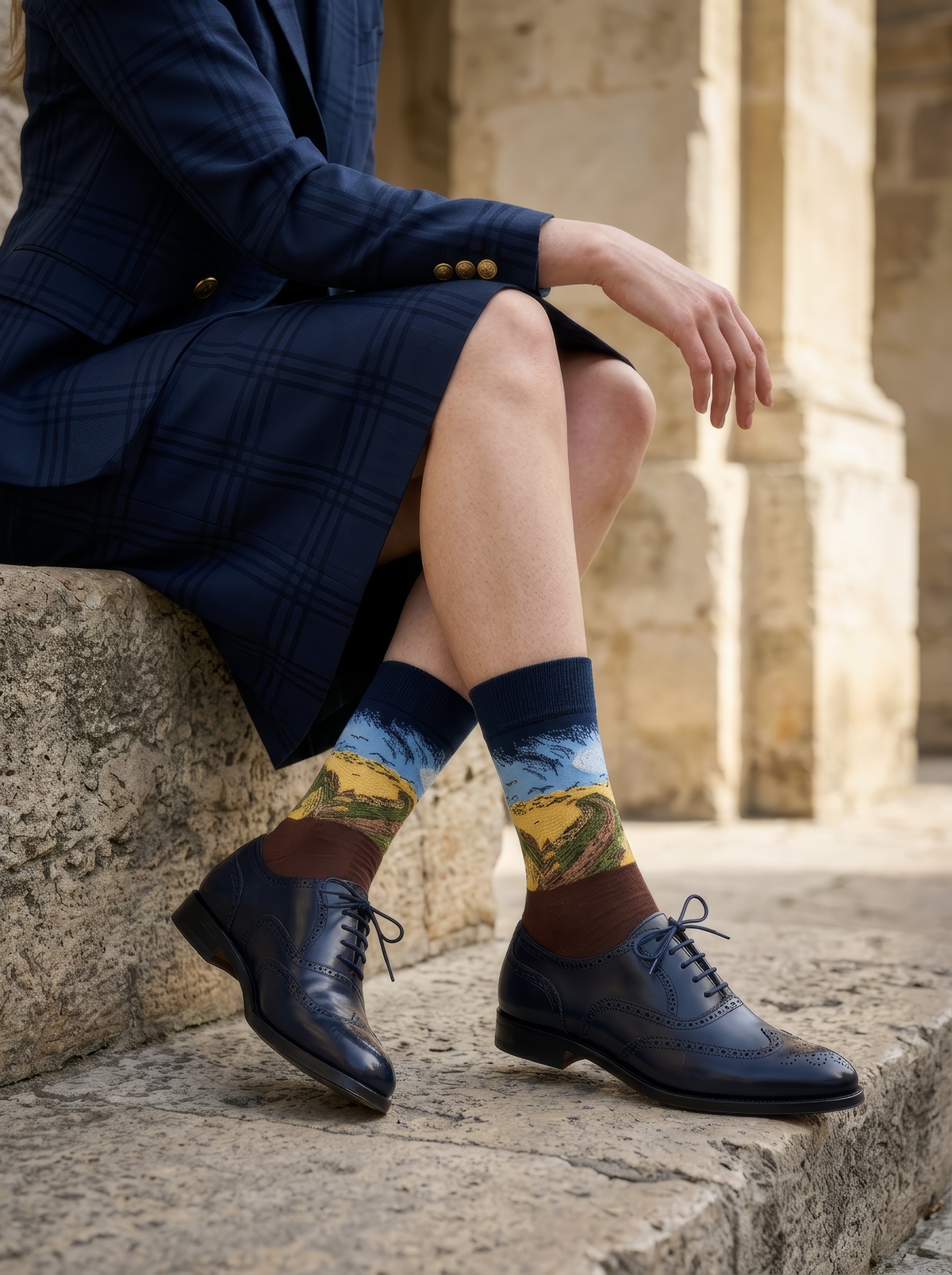 Wheatfield with Crows art socks worn with dark shoes in a seated lifestyle pose