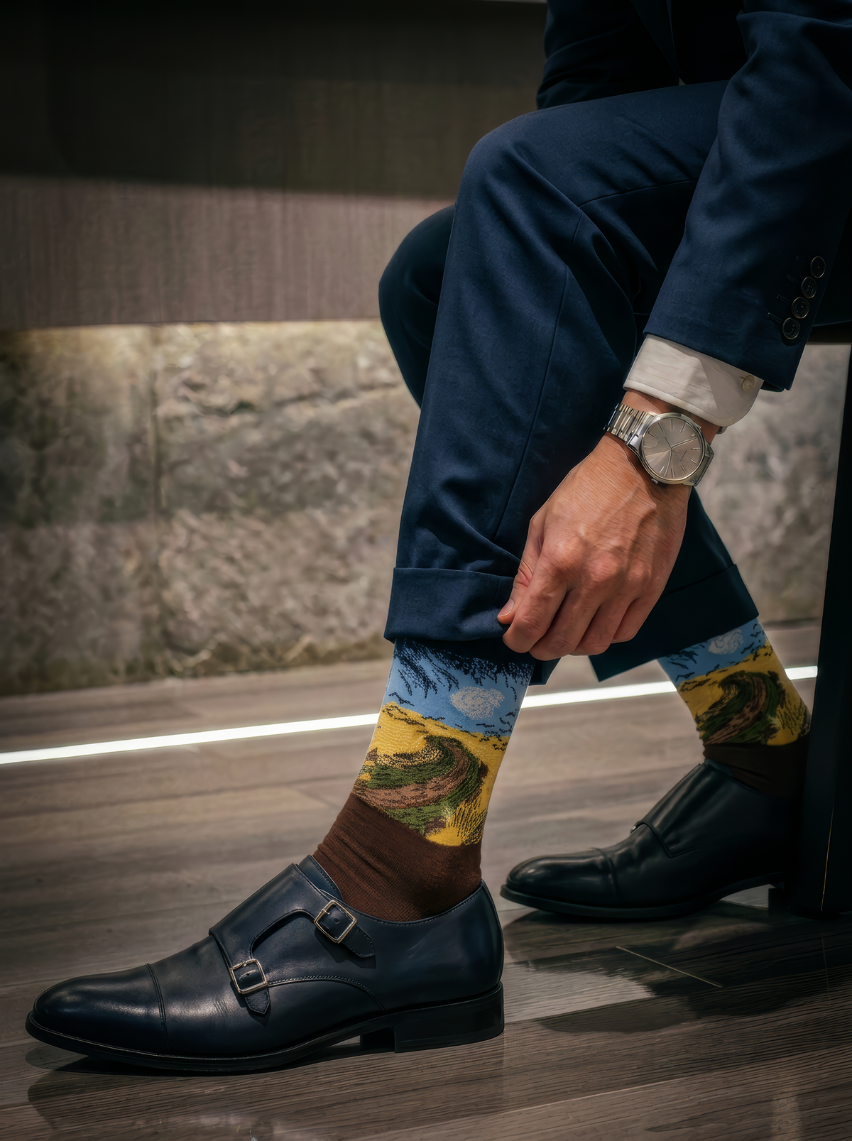 Wheatfield with Crows art socks by Vincent van Gogh worn with navy double monk strap shoes and dark trousers