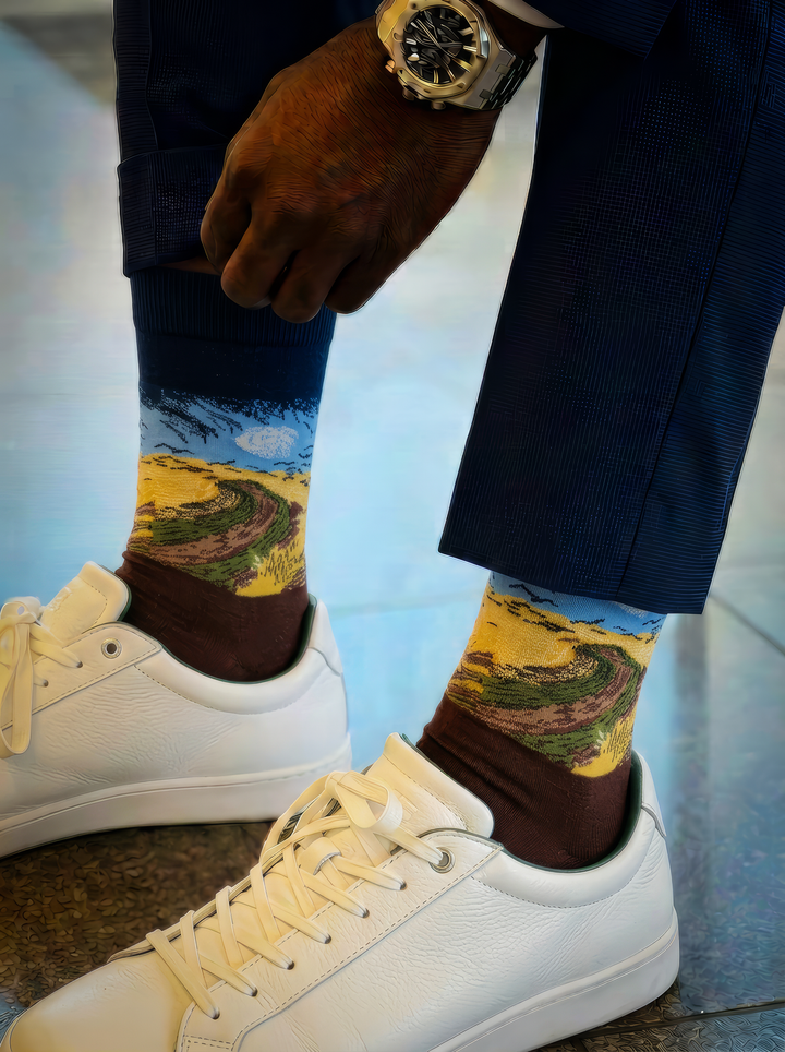 Wheatfield with Crows art socks by Vincent van Gogh worn with white sneakers and navy trousers