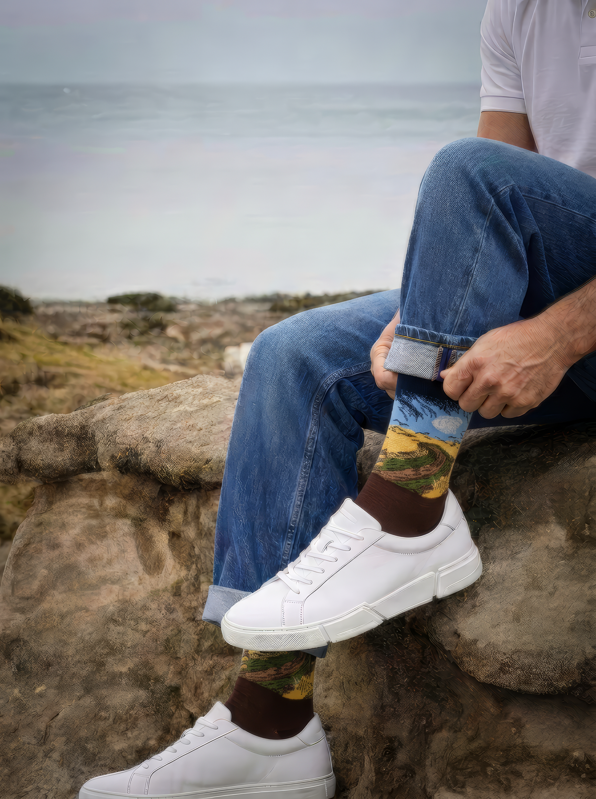 Wheatfield with Crows art socks worn with white sneakers beside a coastal landscape

