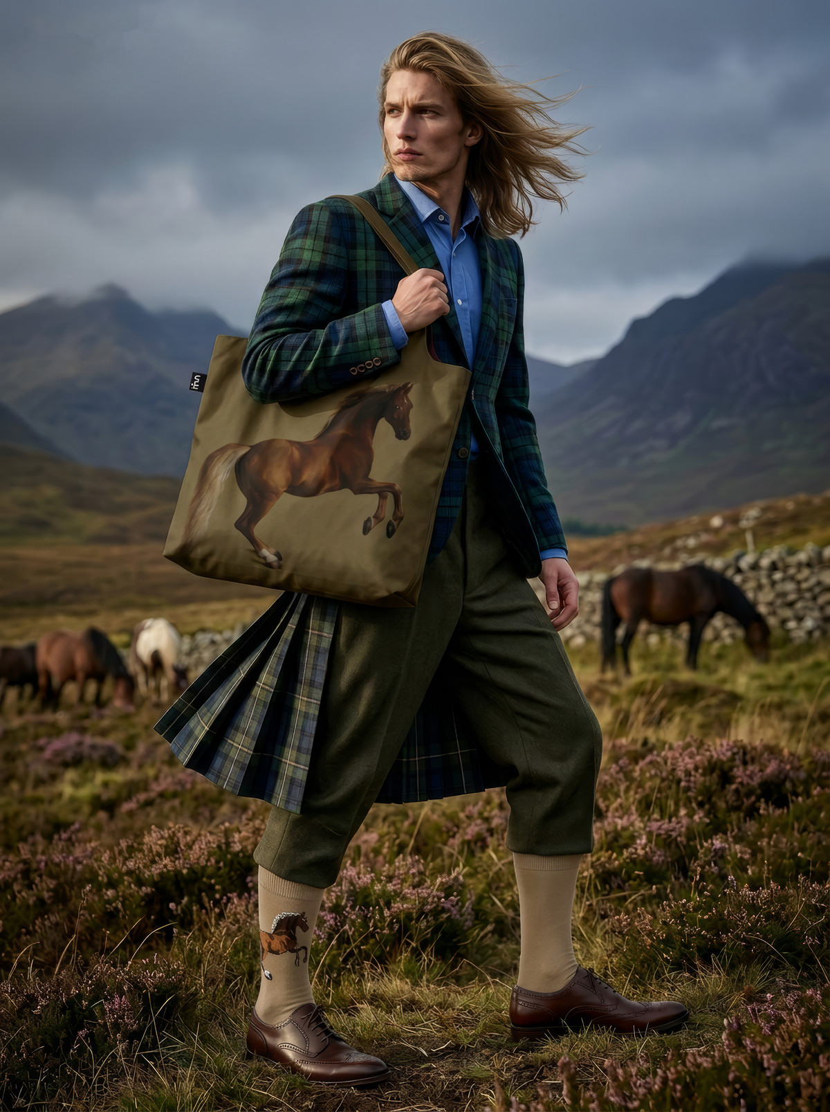 Person carrying the Whistlejacket shopper bag in a rugged landscape, with horses and dark hills in the background.
