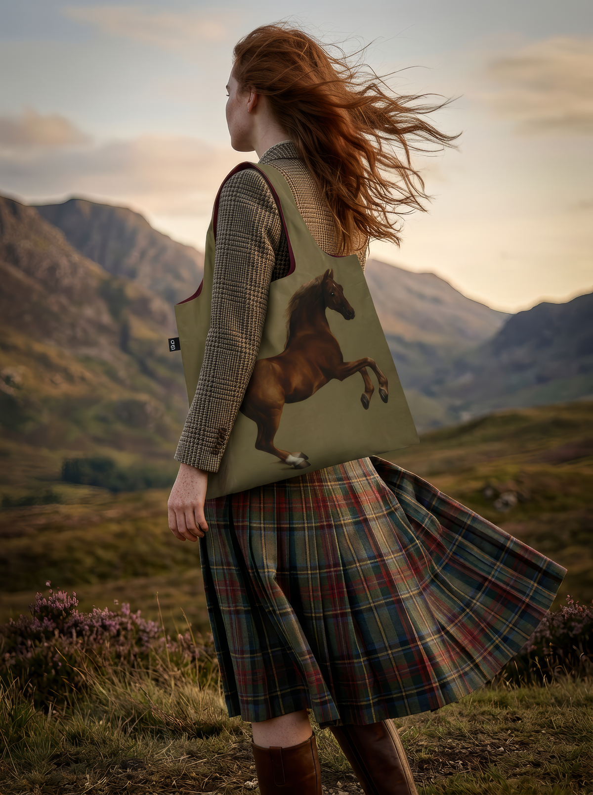Woman carrying the Whistlejacket shopper bag in a windswept landscape, with hills and warm backlighting behind her.
