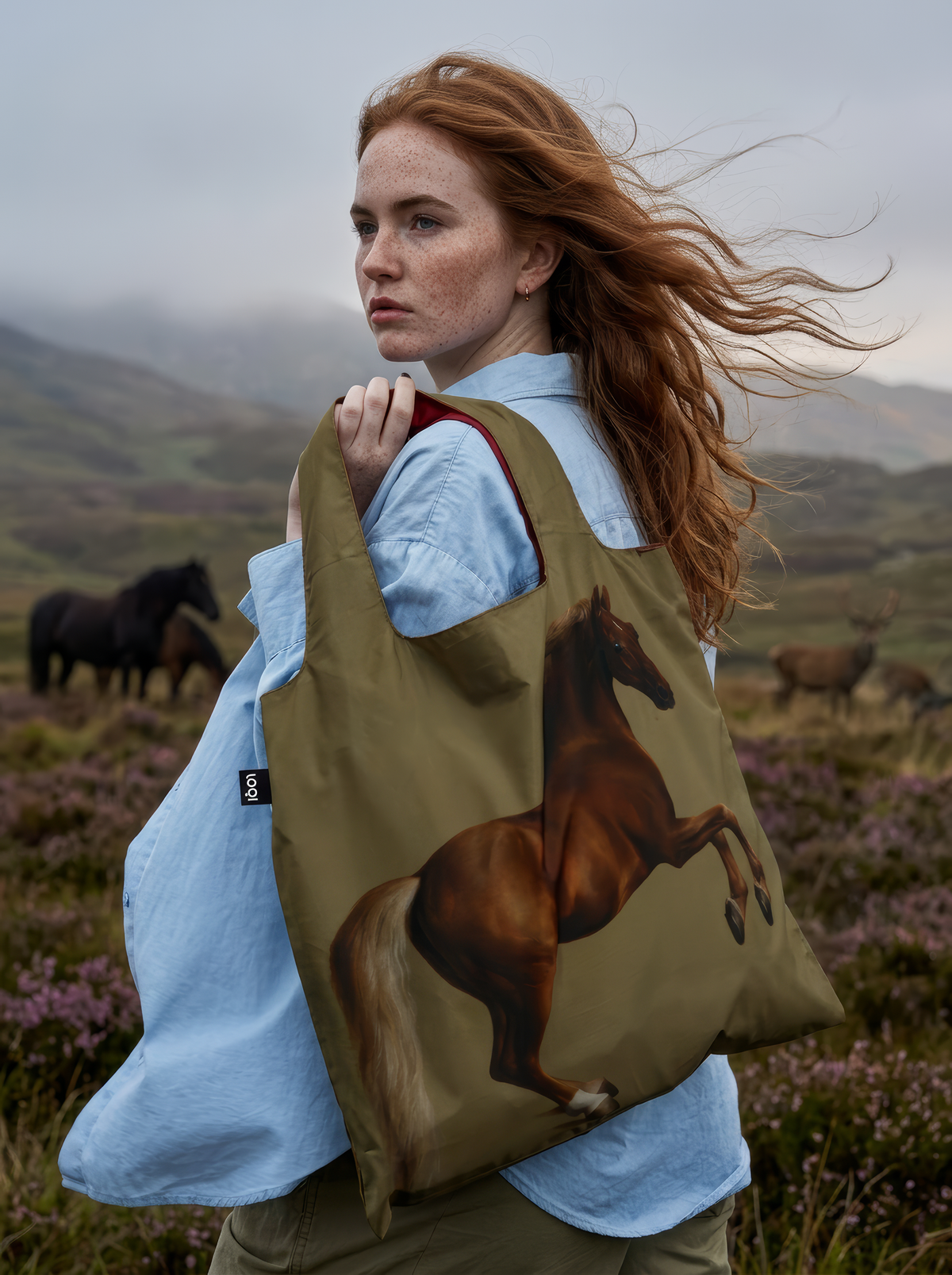 Woman in a light blue shirt carrying the olive-green Whistlejacket shopper bag over her shoulder in a countryside landscape.
