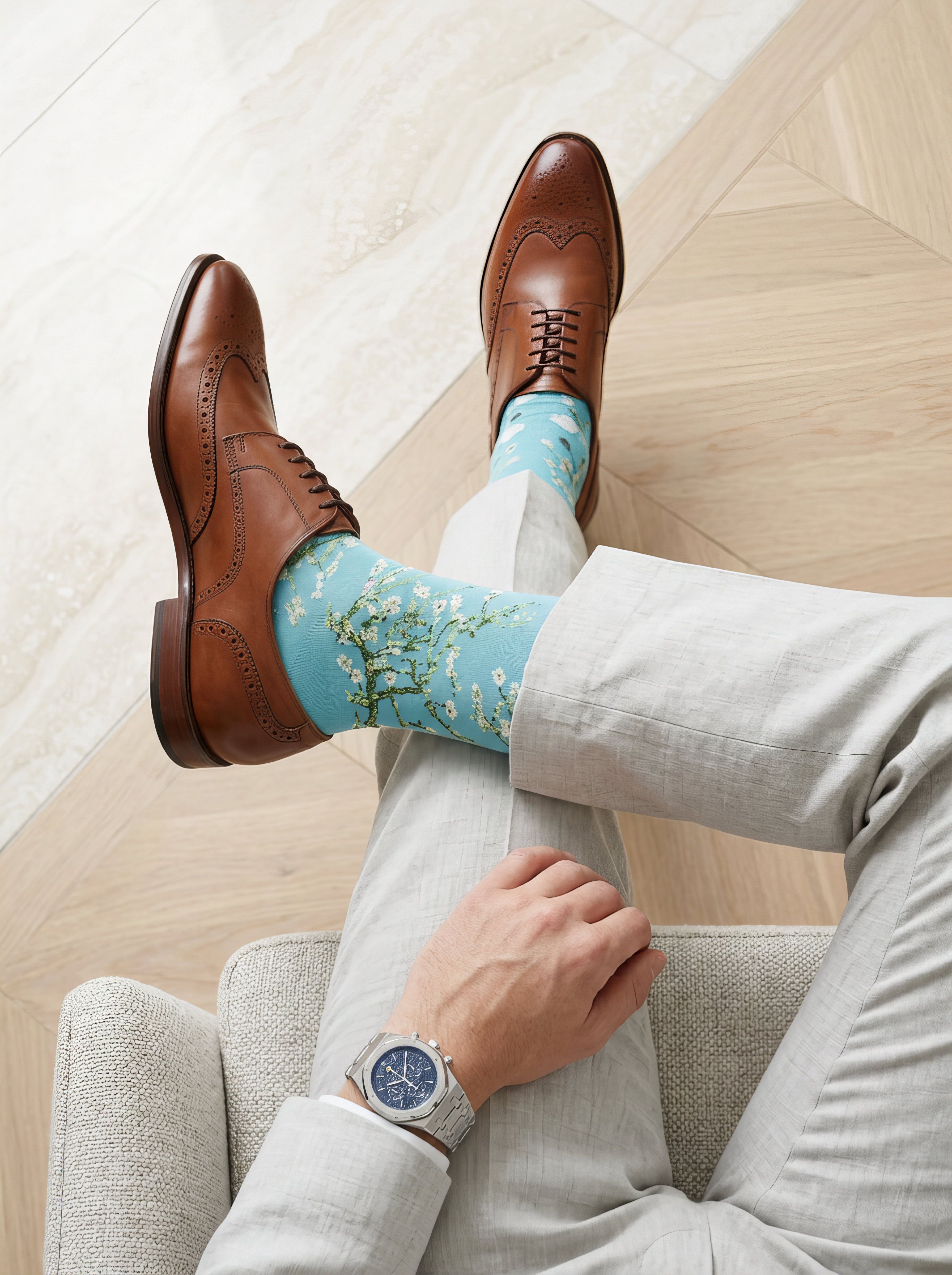 Man wearing Van Gogh Almond Blossom art socks with brown leather shoes — ArtyGifts