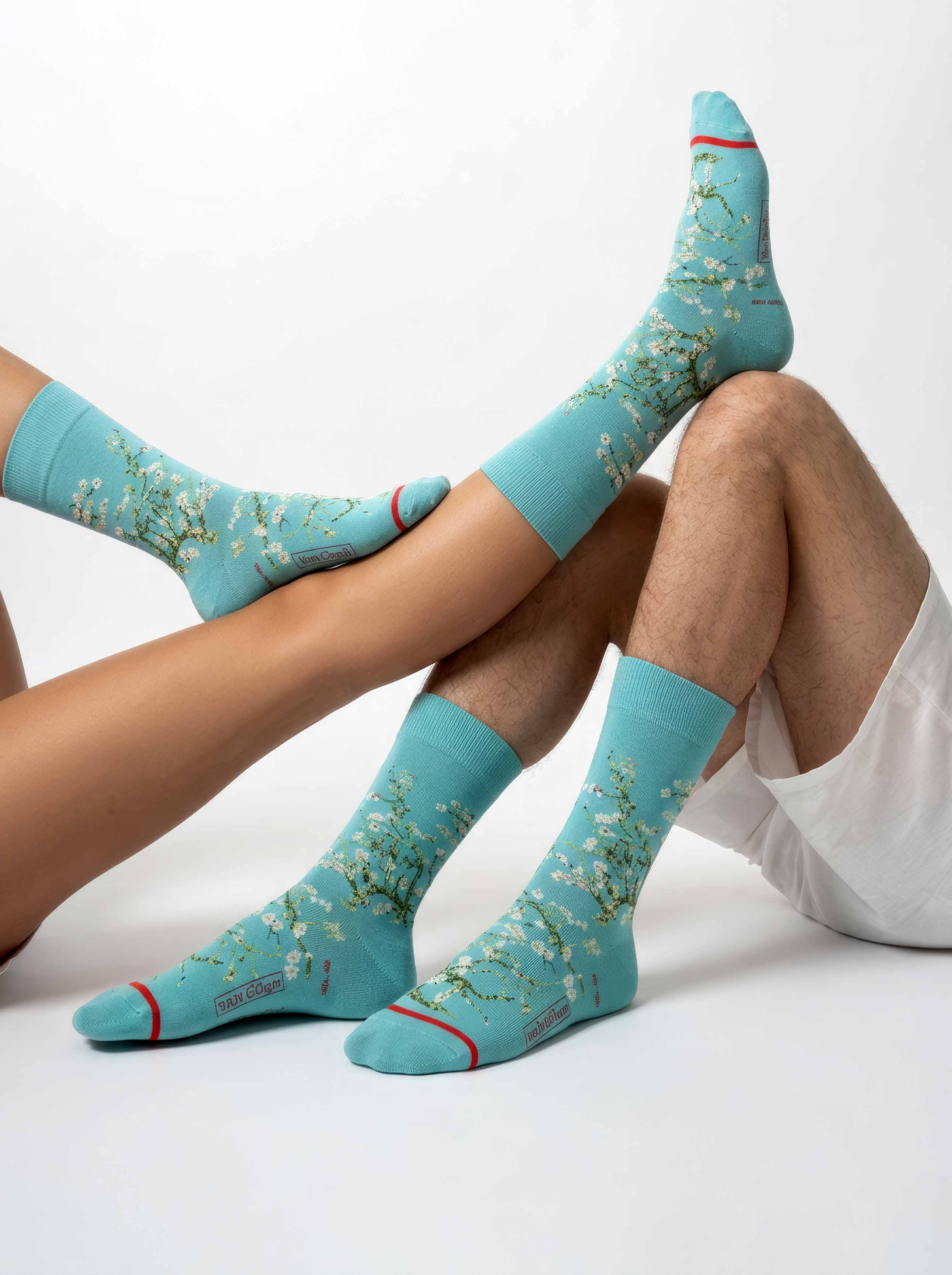 Van Gogh Almond Blossom unisex art socks worn by man and woman — ArtyGifts