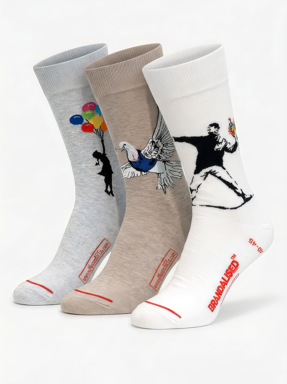 Banksy-inspired XL men's art socks 3-pack: Rainbow Balloon Girl, Peace Dove and Love Is in the Air, EU 46–49