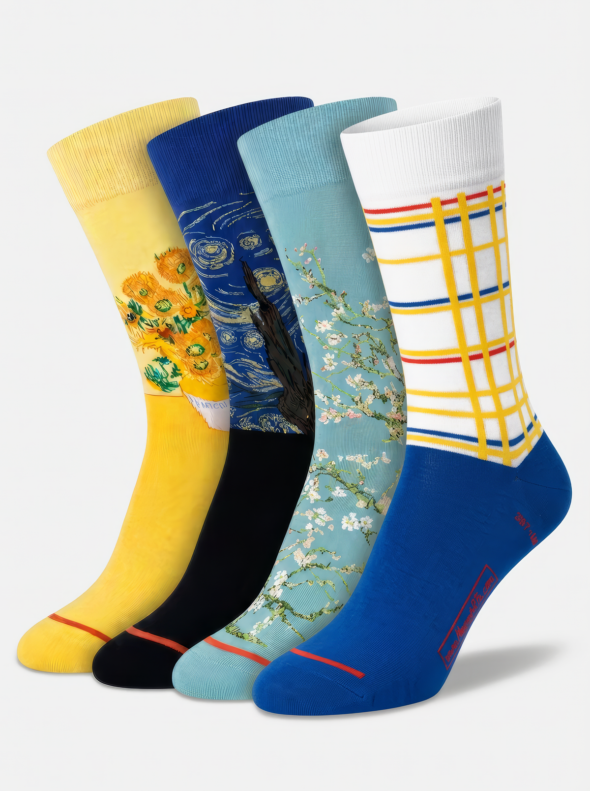 Bestseller XL men's art socks 4-pack: Van Gogh Sunflowers, The Starry Night, Almond Blossom and Mondrian New York City