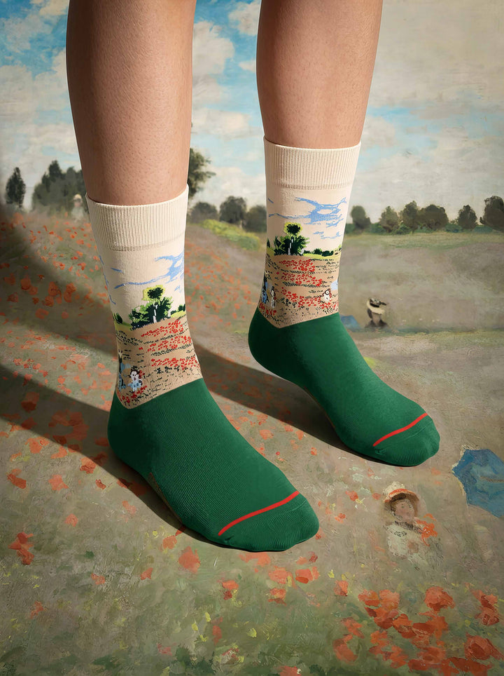Close-up of MuseARTa Monet Field of Poppies art socks worn outdoors with poppies — Impressionist Musée d'Orsay Paris gift ArtyGifts
