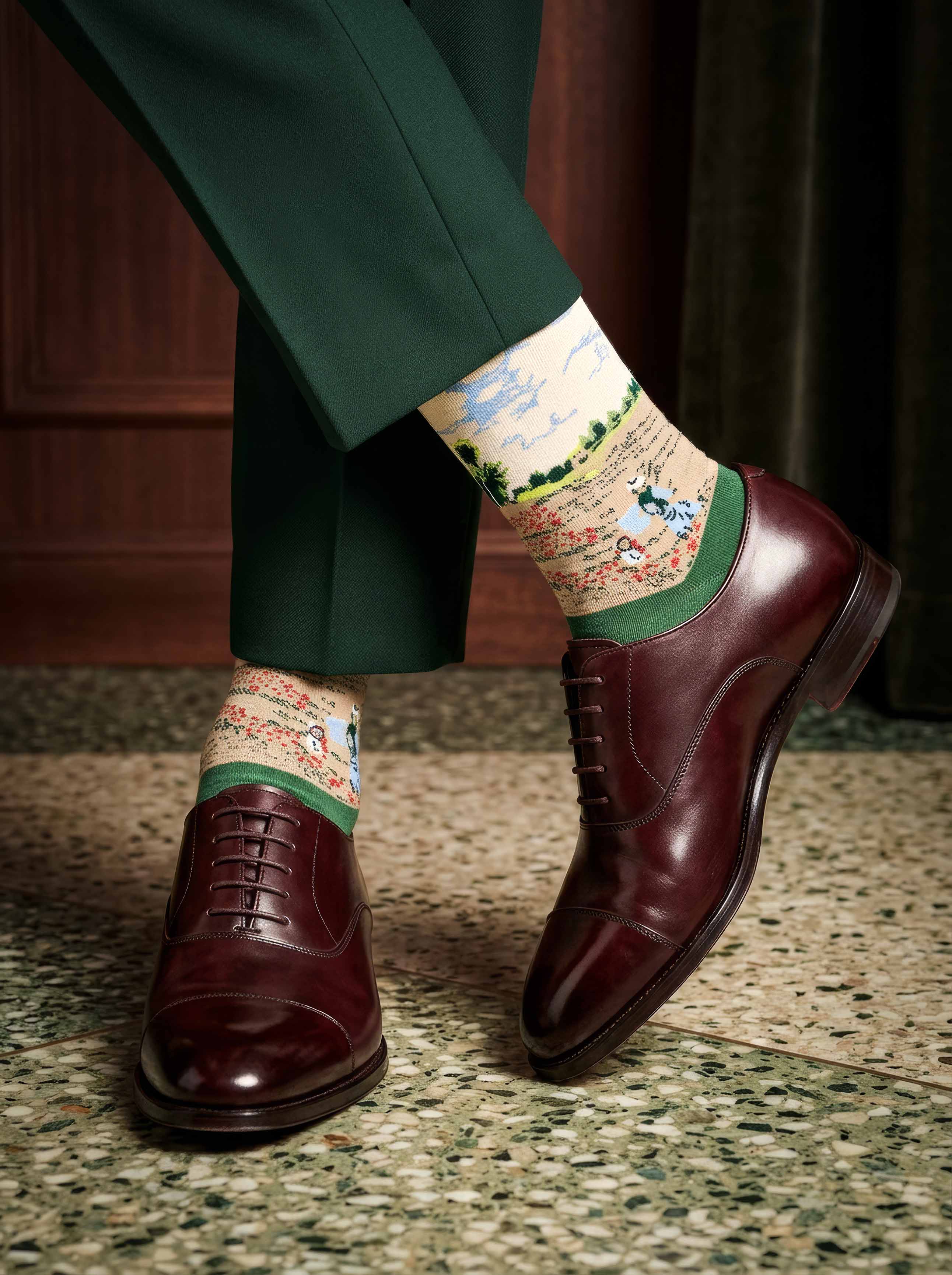 MuseARTa Monet Field of Poppies art socks worn with brown Oxford shoes — elegant Impressionist Musée d'Orsay Paris gift ArtyGifts
