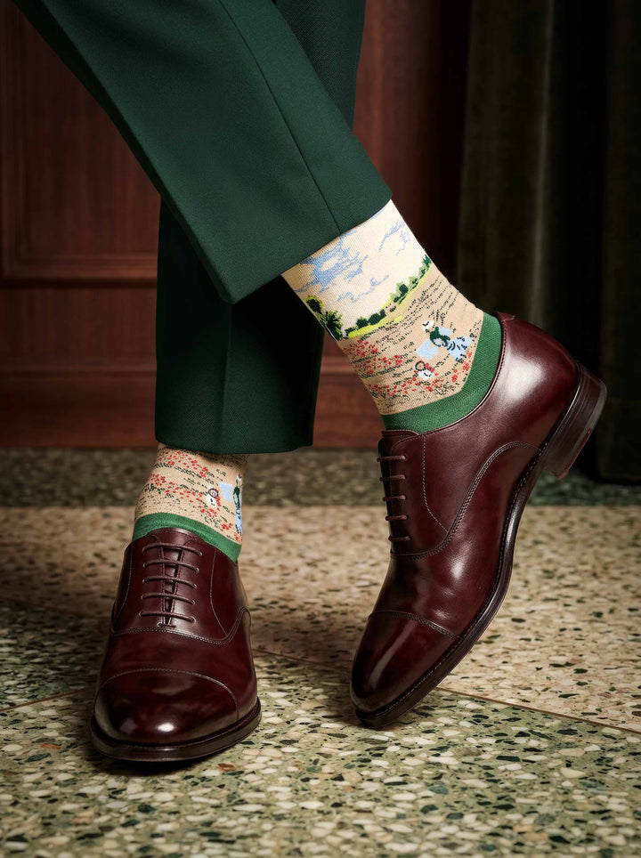 MuseARTa Monet Field of Poppies art socks worn with brown Oxford shoes — elegant Impressionist Musée d'Orsay Paris gift ArtyGifts
