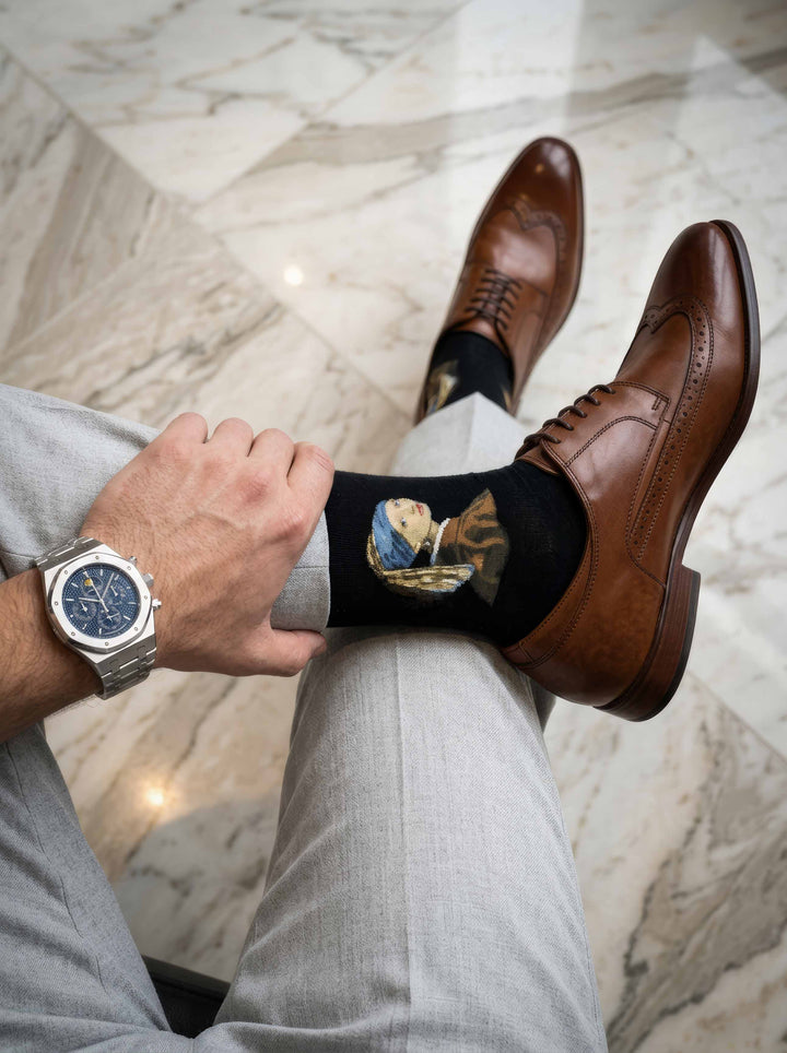 Man wearing MuseARTa Vermeer Girl with the Pearl Earring art socks with brown Oxford shoes and white trousers — luxury art gift ArtyGifts