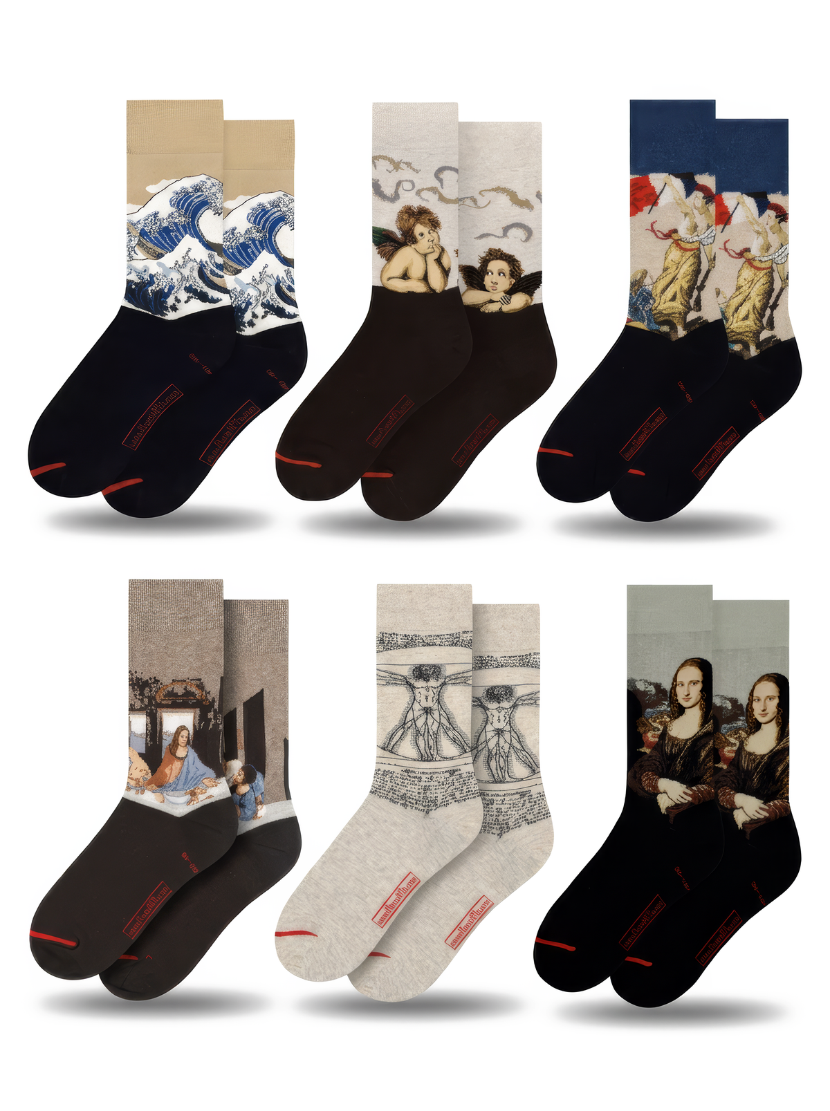Six different pairs of XL museum art socks featuring Hokusai, Raphael, Delacroix and Leonardo da Vinci, arranged on a white background