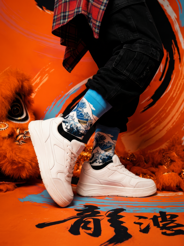 The Great Wave Blue art socks by Katsushika Hokusai worn with white sneakers against an orange background