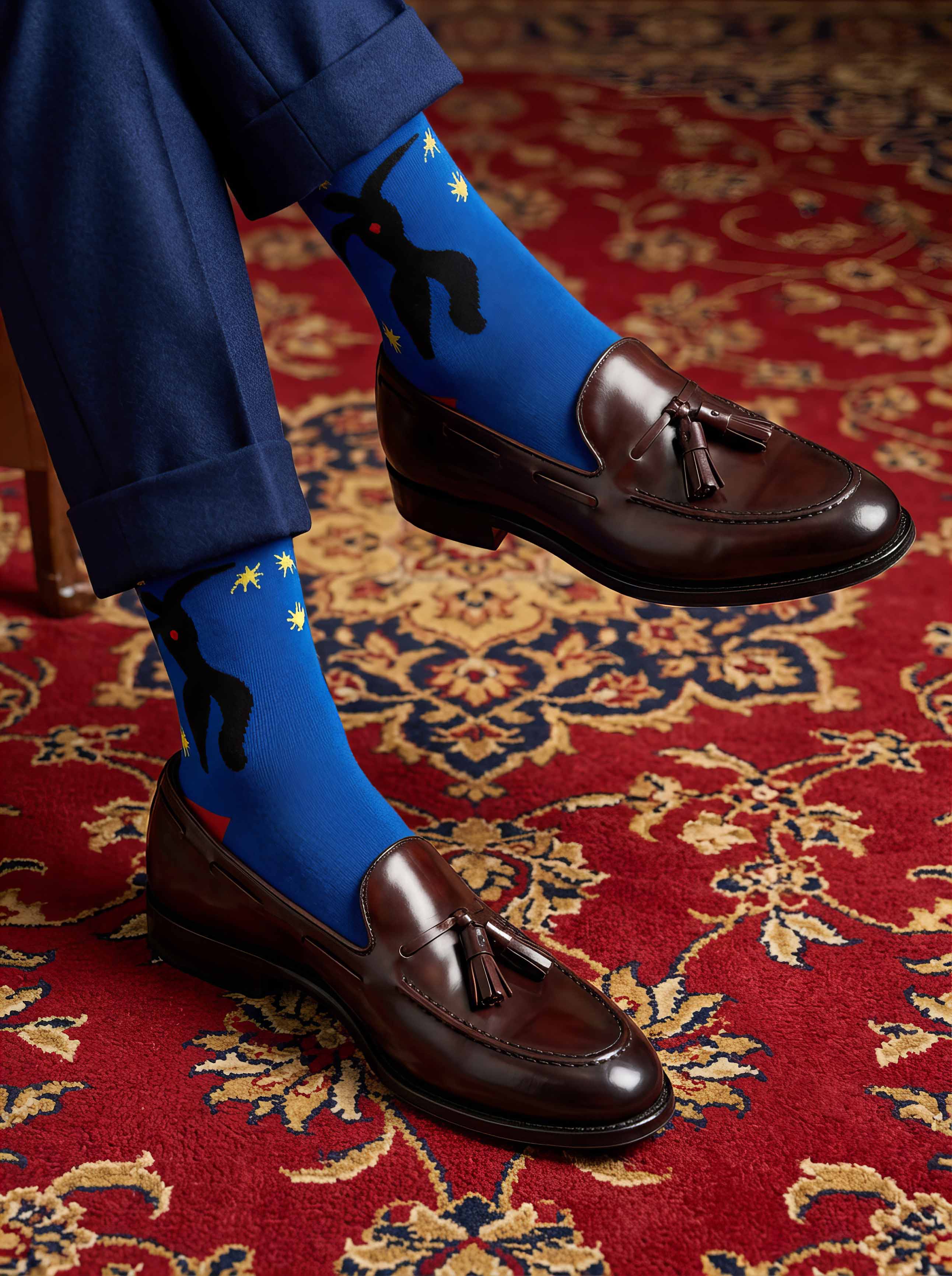 Man wearing Matisse Icarus art socks with brown Oxford shoes on red carpet — elegant art gift ArtyGifts