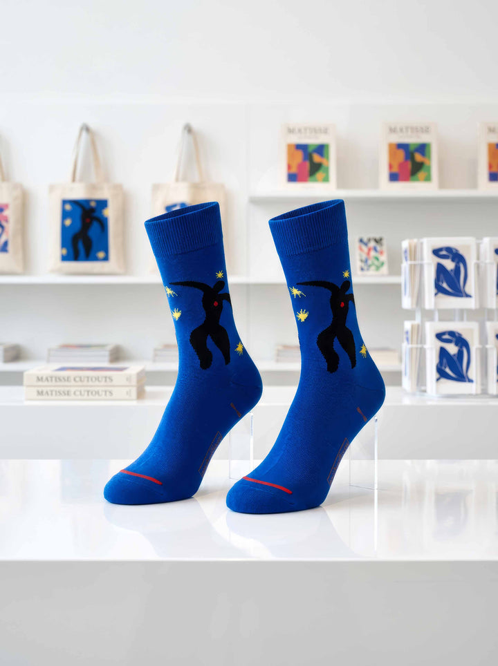 Matisse Icarus art socks displayed in museum gallery with Matisse artworks — unisex gift ArtyGifts