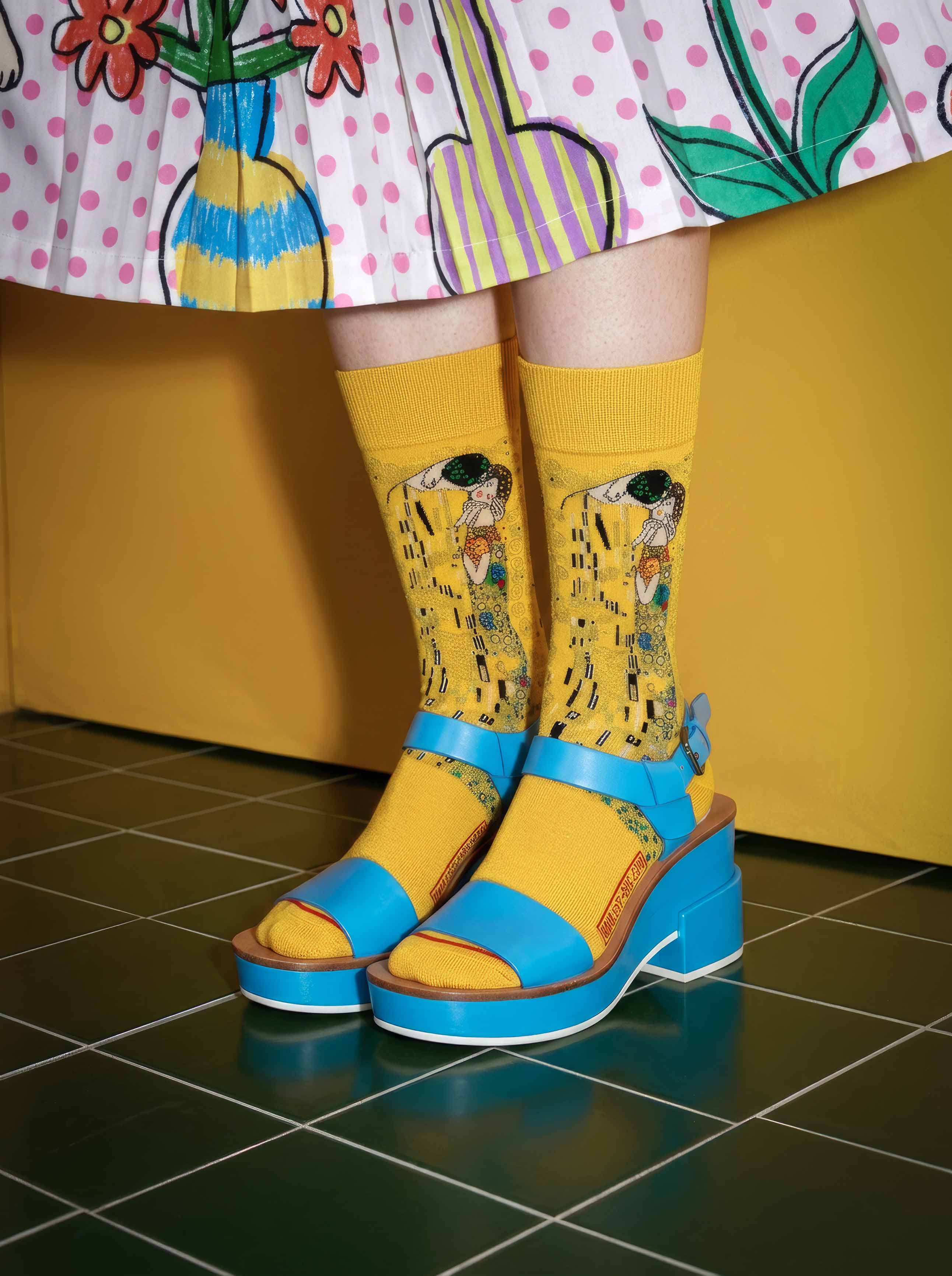 Woman wearing MuseARTa Klimt The Kiss art socks with blue sandals — colorful Art Nouveau museum gift ArtyGifts
