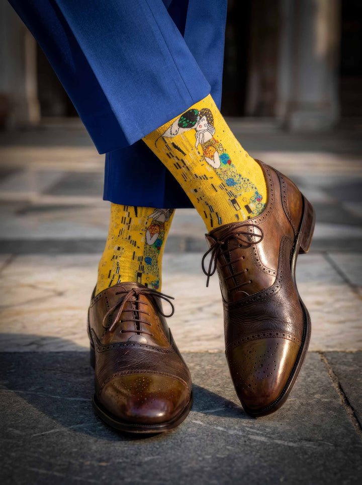 Man wearing MuseARTa Klimt The Kiss art socks with brown Oxford shoes — elegant Belvedere Vienna museum gift ArtyGifts
