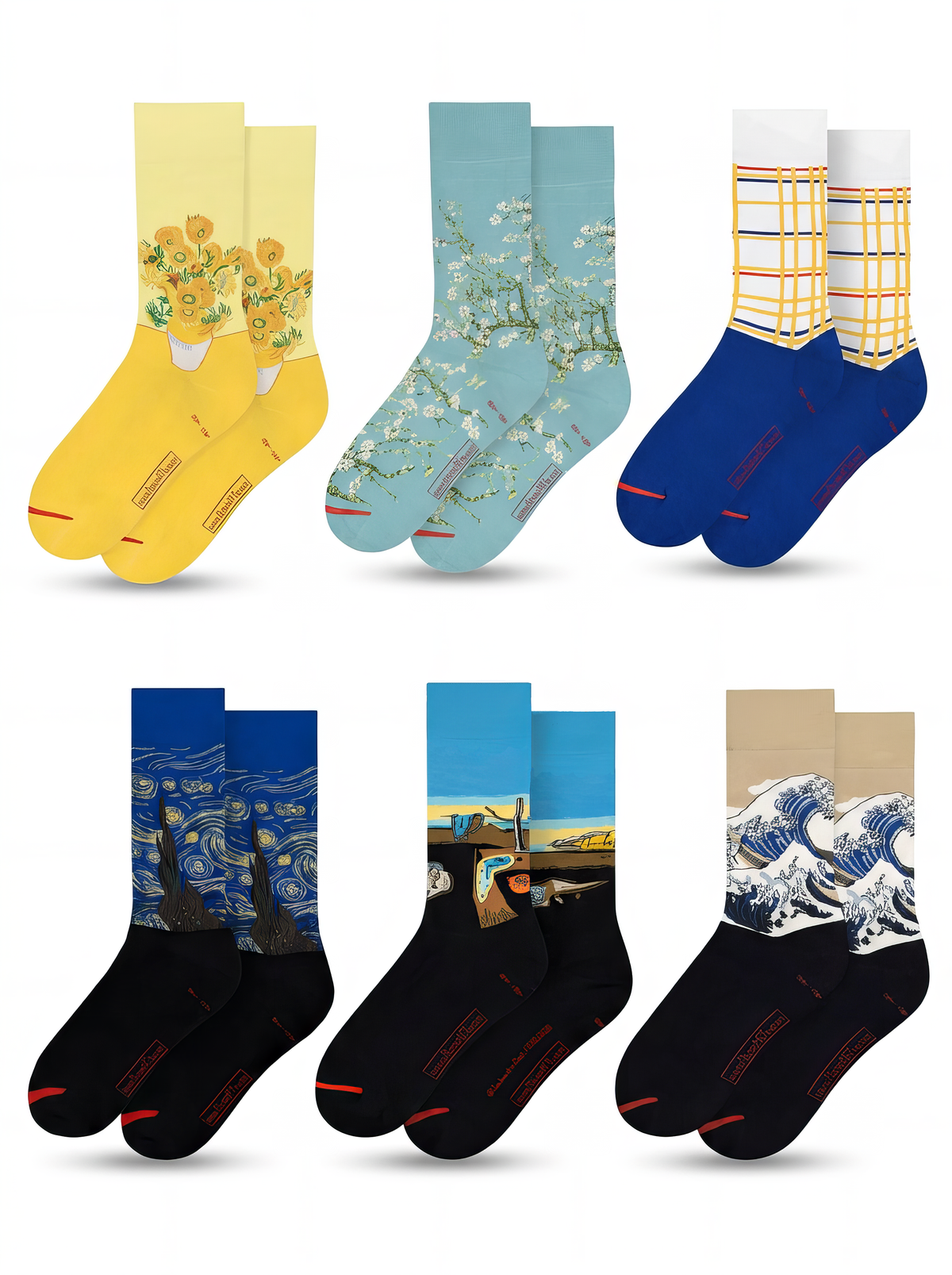 Six pairs of colourful XL art socks with Van Gogh Sunflowers, Almond Blossom and Starry Night, Mondrian geometric art, Dalí melting clocks and Hokusai Great Wave
