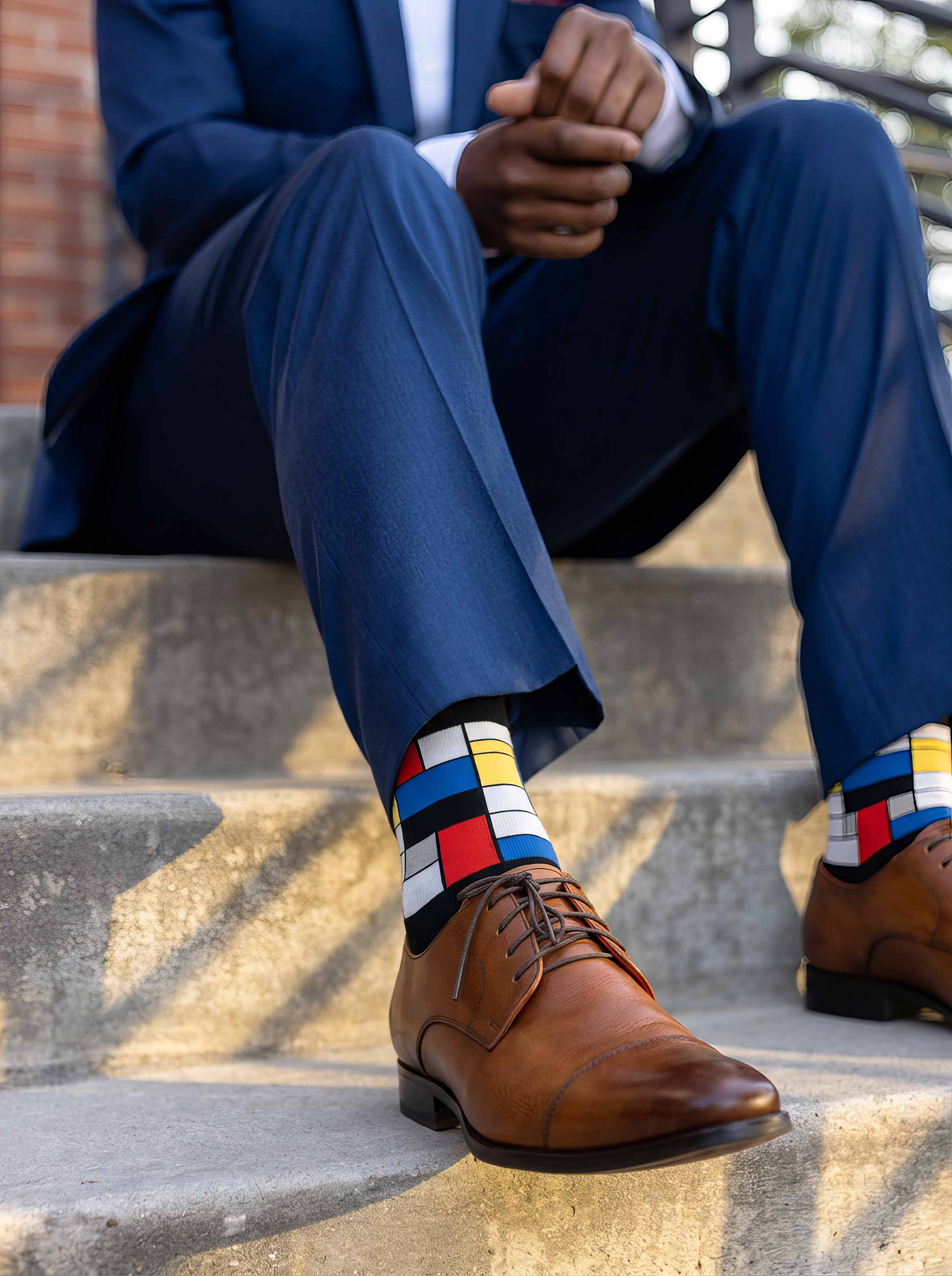 Man wearing MuseARTa Mondrian art socks with brown Oxford shoes on steps — elegant art gift ArtyGifts
