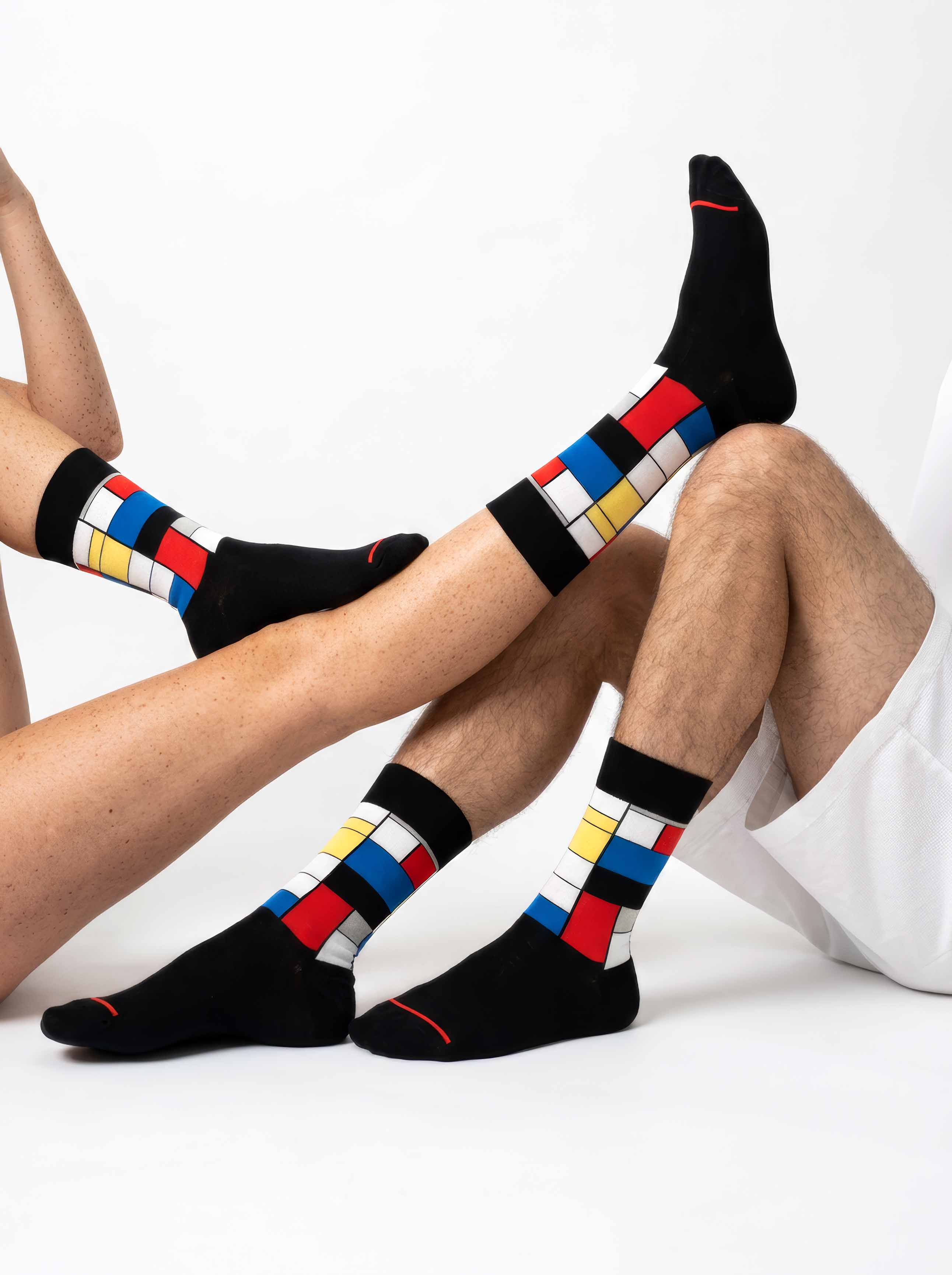 MuseARTa Mondrian unisex art socks for men and women on light background — museum art gift ArtyGifts