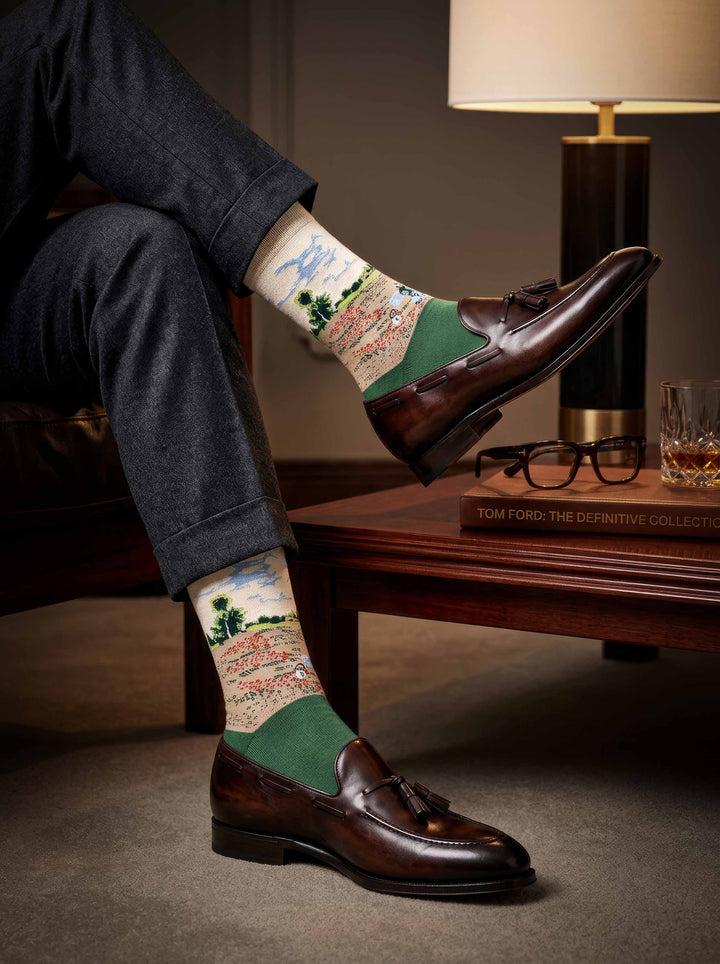 MuseARTa Monet Field of Poppies art socks worn with brown Oxford shoes — elegant Impressionist Musée d'Orsay Paris gift ArtyGifts
