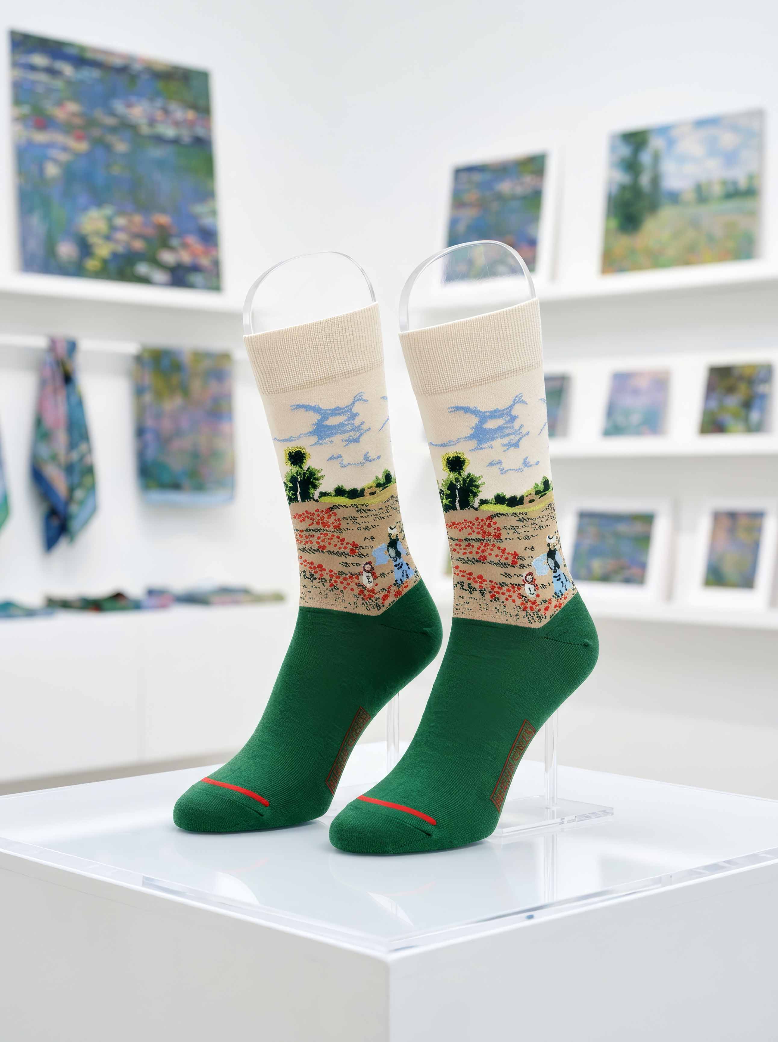 MuseARTa Monet Field of Poppies art socks in museum setting — unisex Impressionist museum gift ArtyGifts
