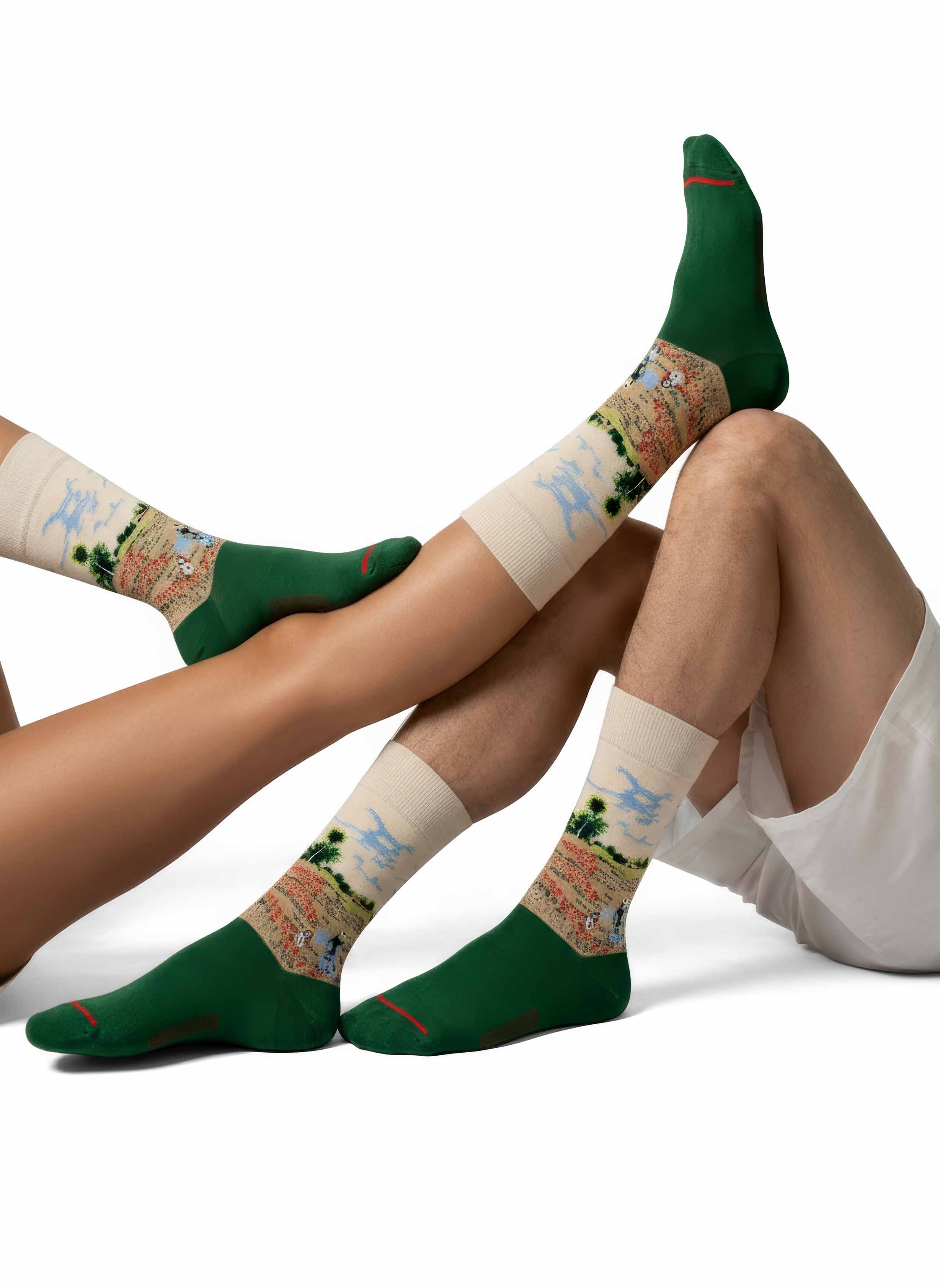 Unisex MuseARTa Monet Field of Poppies art socks worn by man and woman — Impressionist museum gift ArtyGifts
