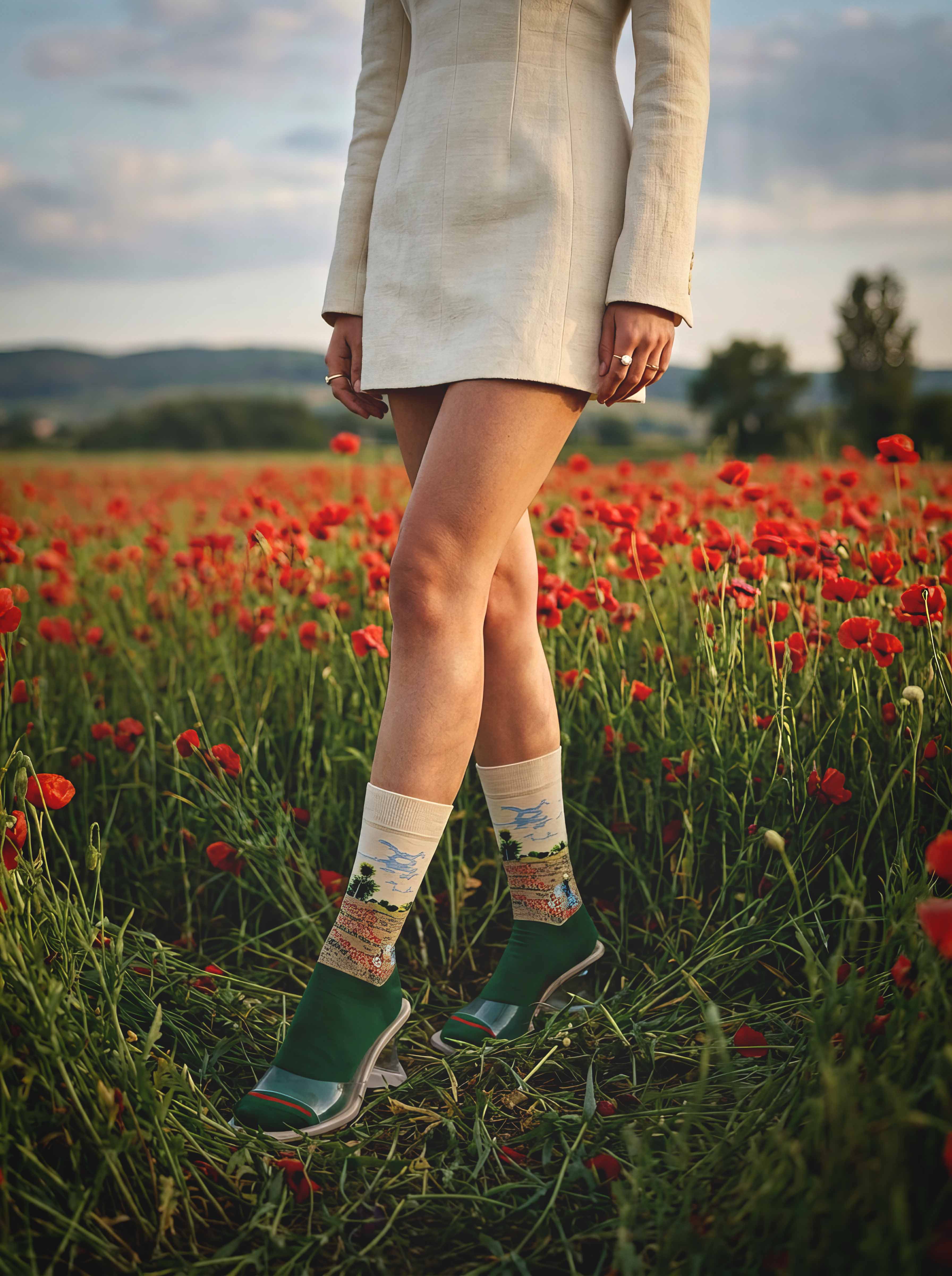Woman in white jacket wearing MuseARTa Monet Field of Poppies art socks standing in poppy field — Impressionist nature gift ArtyGifts
