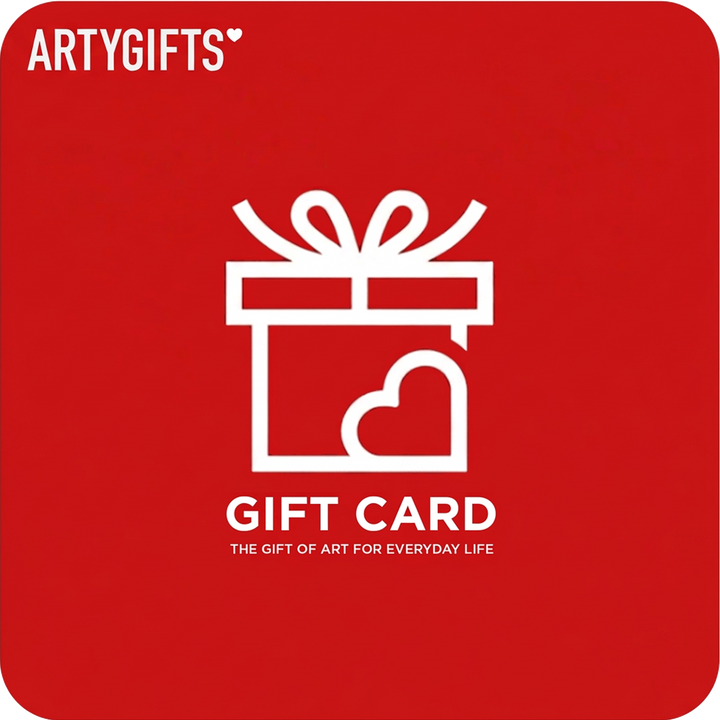 Red square ArtyGifts Gift Card with rounded corners, white gift icon and the words The gift of art for everyday life.