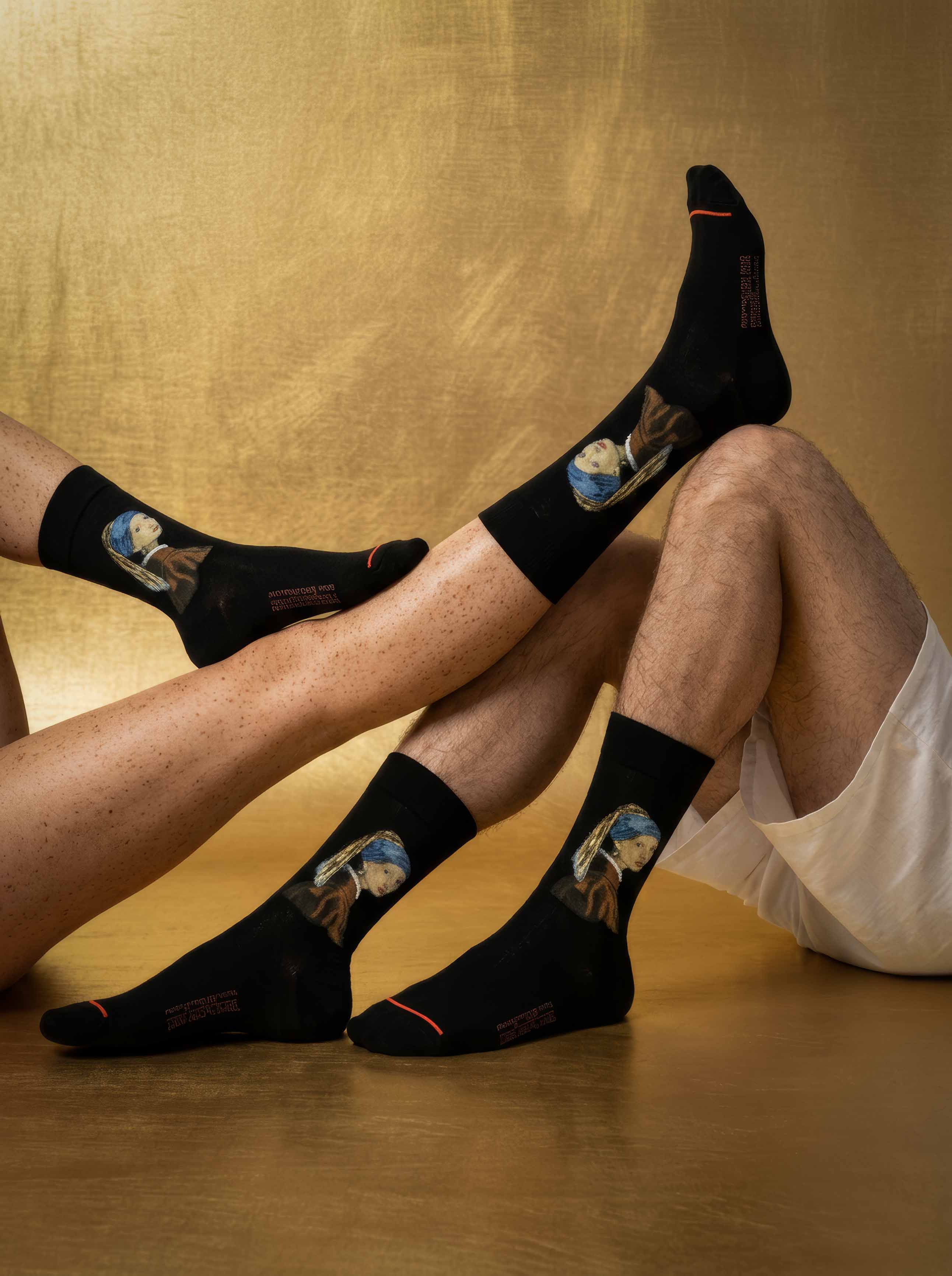 MuseARTa Vermeer Girl with the Pearl Earring art socks on gold background — Dutch Golden Age museum gift ArtyGifts