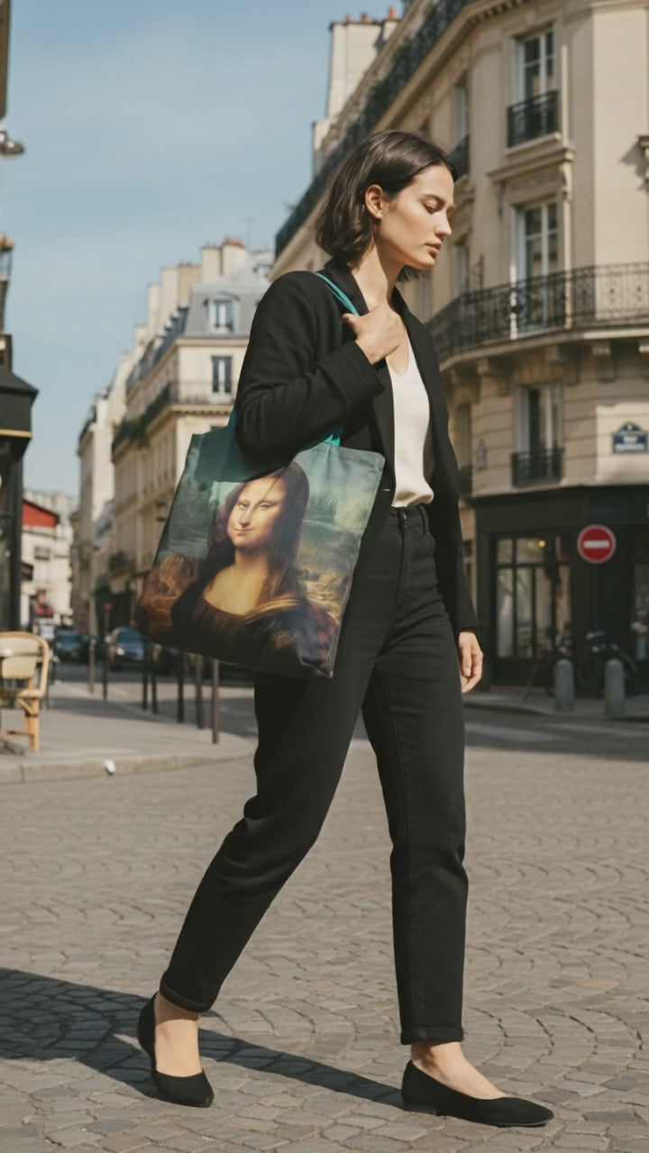 Foldable Shopper Bag Mona Lisa Leonardo da Vinci – woman carrying art bag on the street | ArtyGifts
