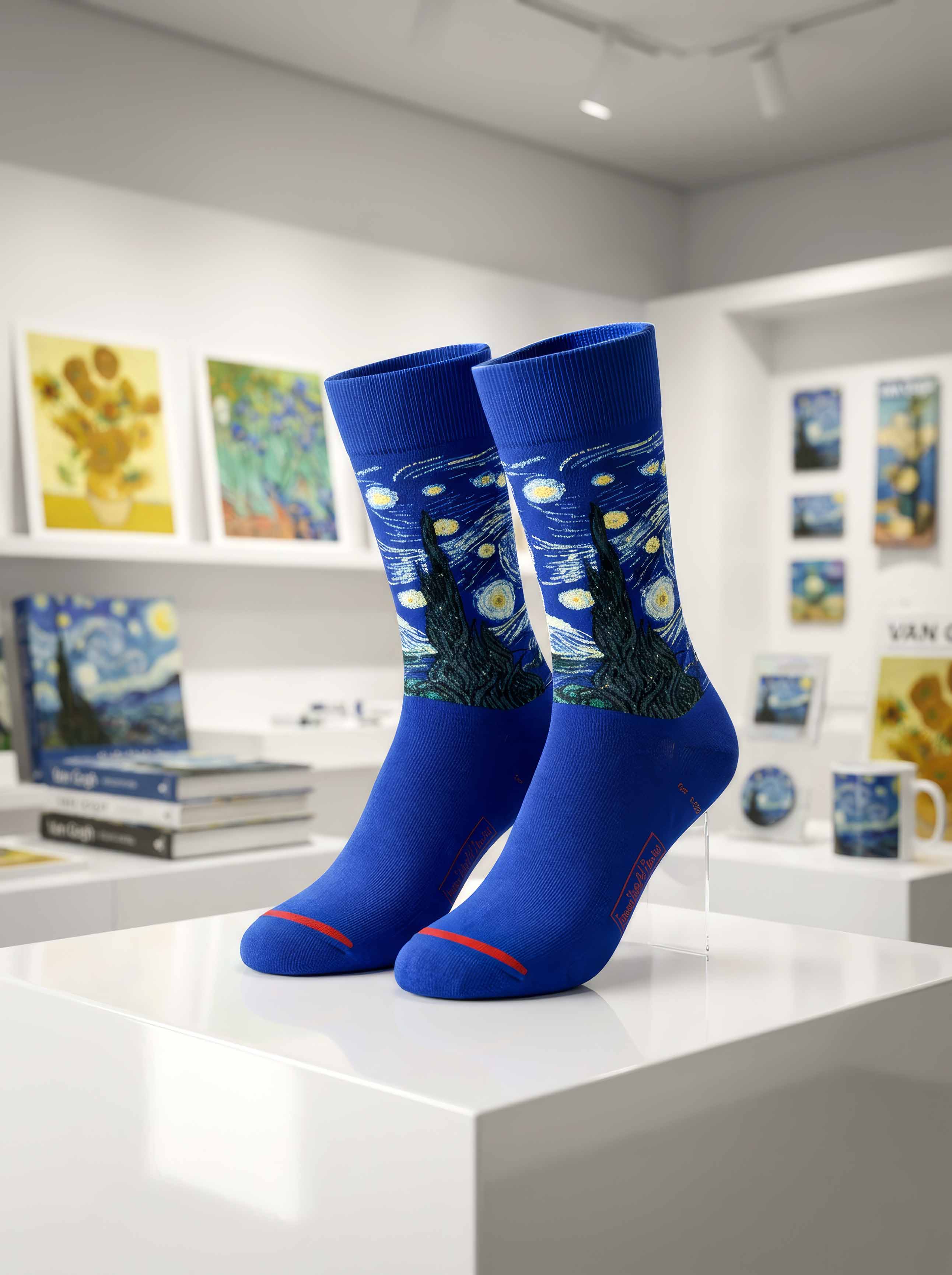 MuseARTa Van Gogh Starry Night art socks in museum setting with Sunflowers painting — unisex MoMA art gift ArtyGifts