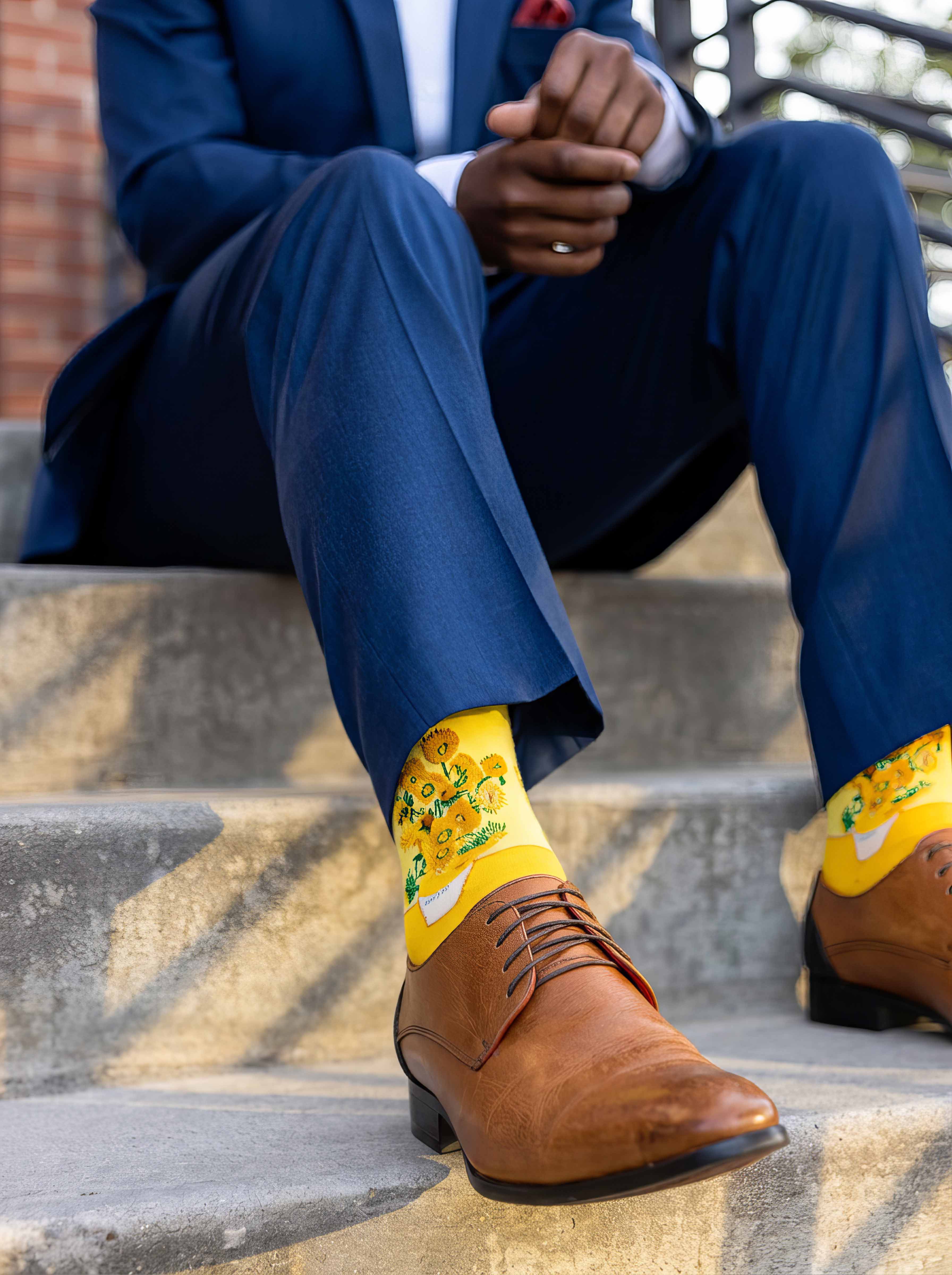 Man in navy blue suit wearing Van Gogh Sunflowers art socks with brown Oxford shoes on outdoor steps — elegant art gift ArtyGifts