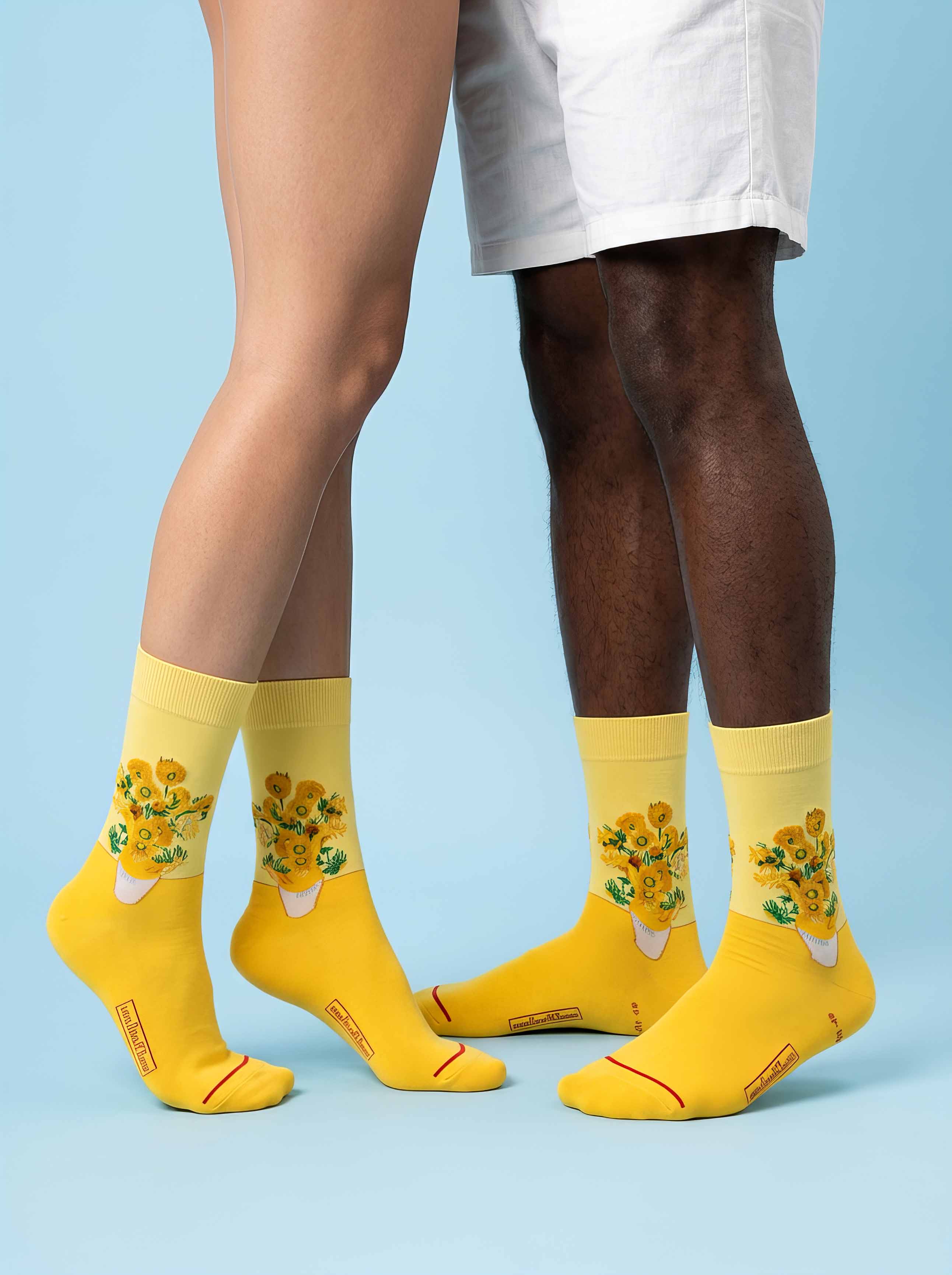 Van Gogh Sunflowers unisex art socks for men and women on light background — museum gift ArtyGifts