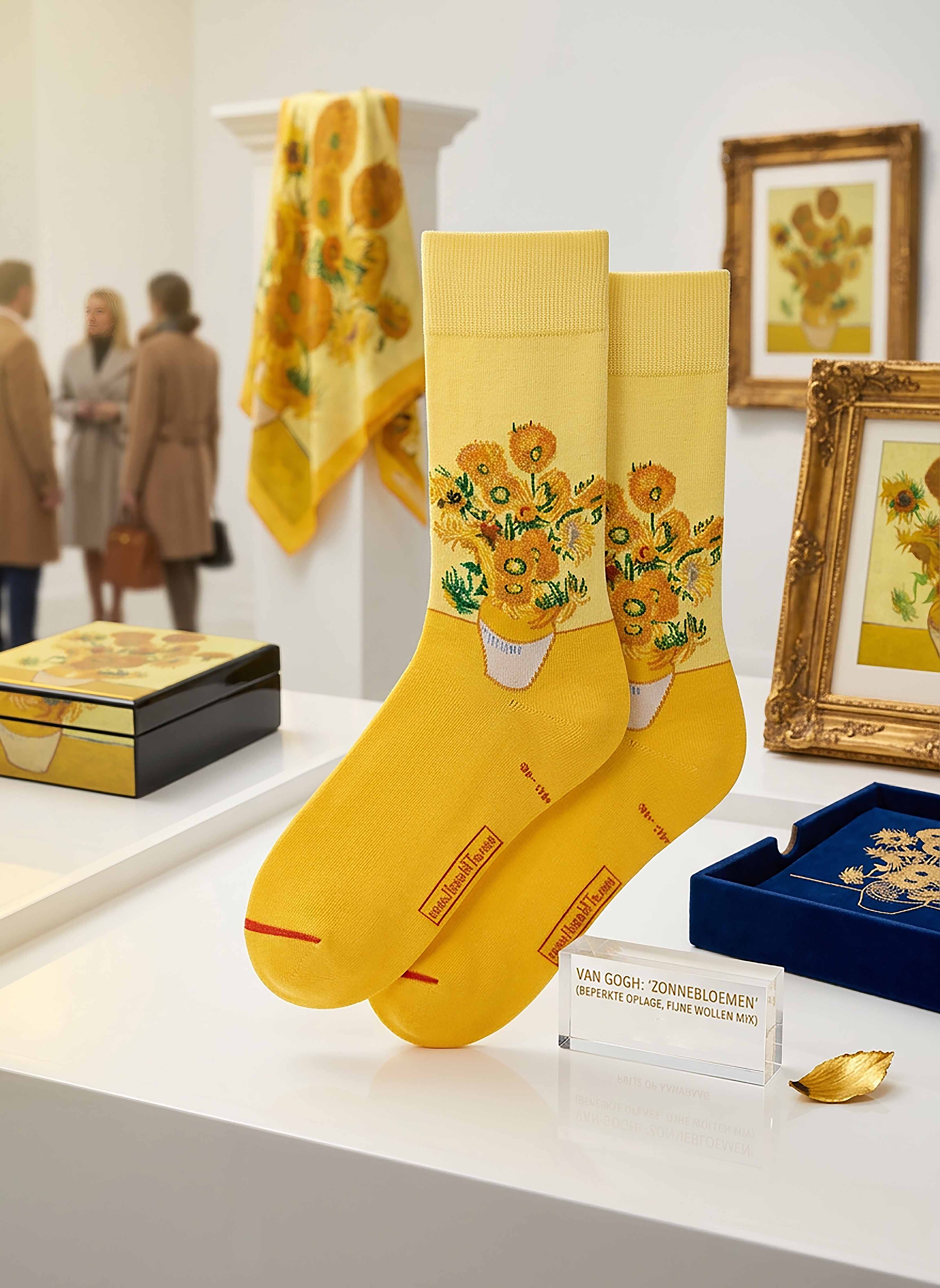 Van Gogh Sunflowers art socks displayed in museum setting with Sunflowers painting — ArtyGifts