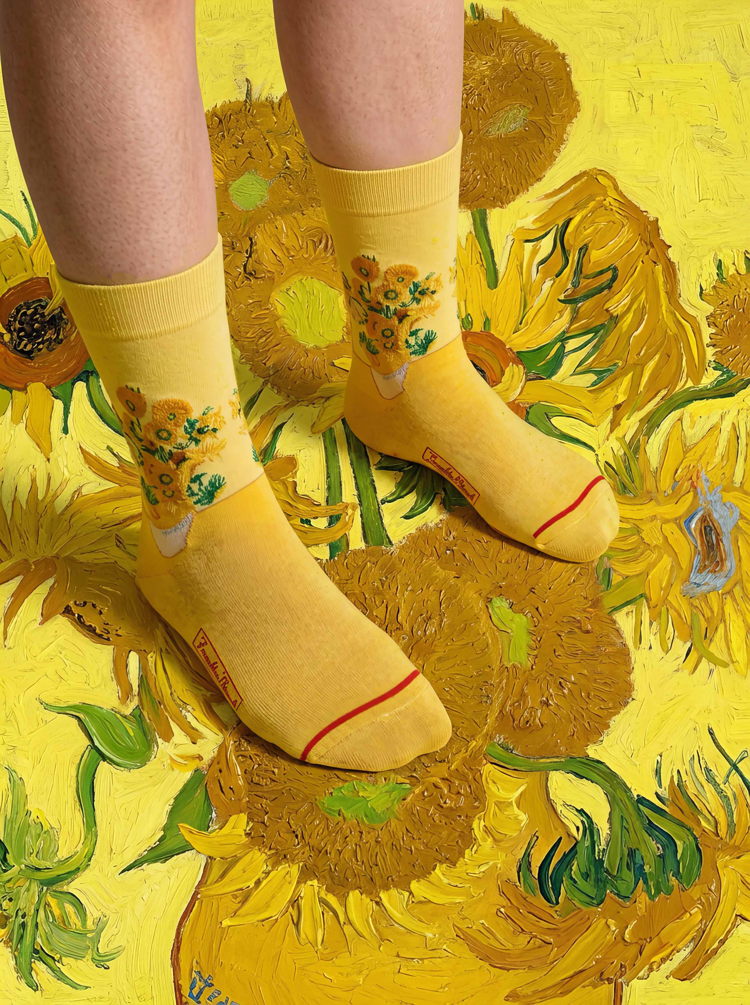 Van Gogh Sunflowers art socks with Sunflowers painting in background — unisex art gift ArtyGifts