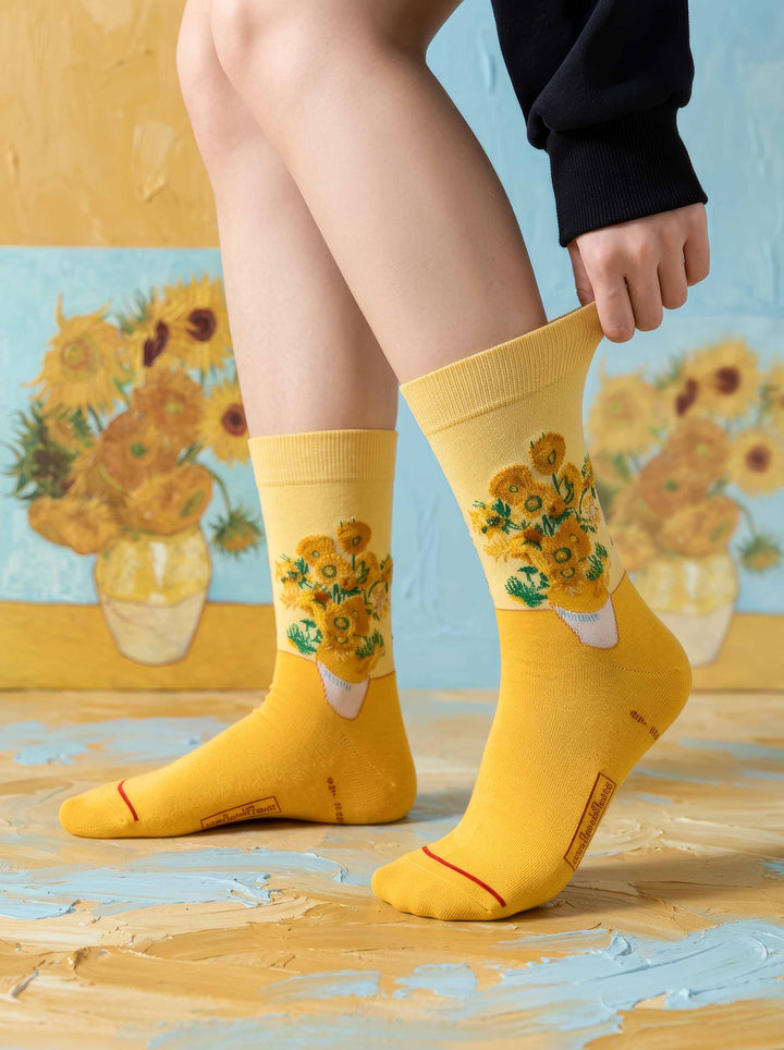 Van Gogh Sunflowers art socks standing on light background — museum gift ArtyGifts